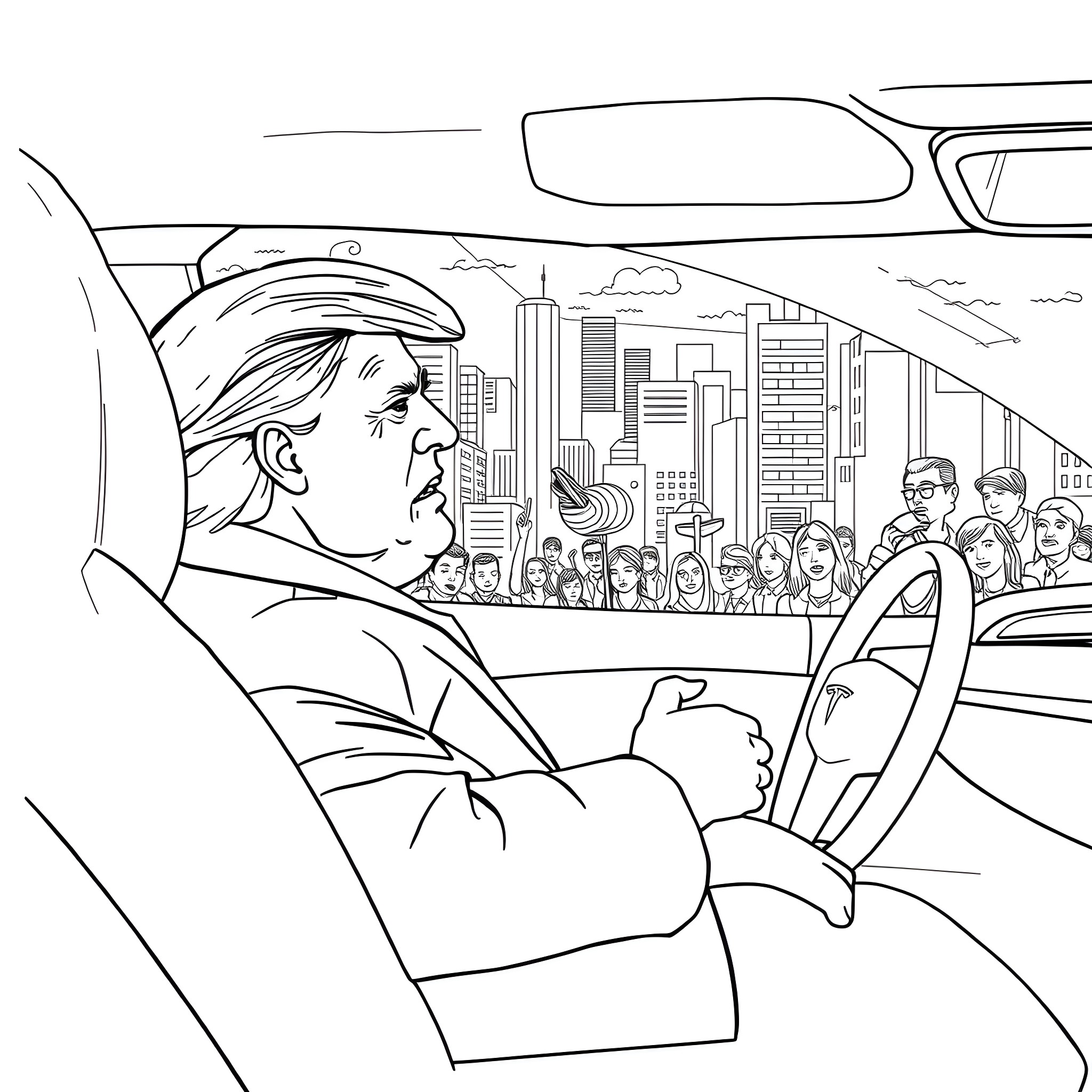 Trump Driving Through Crowded City Streets Coloring Page (free black-and-white line drawing printable PDF for all, from beginners to advanced learners, including children, teens, adults, and seniors)