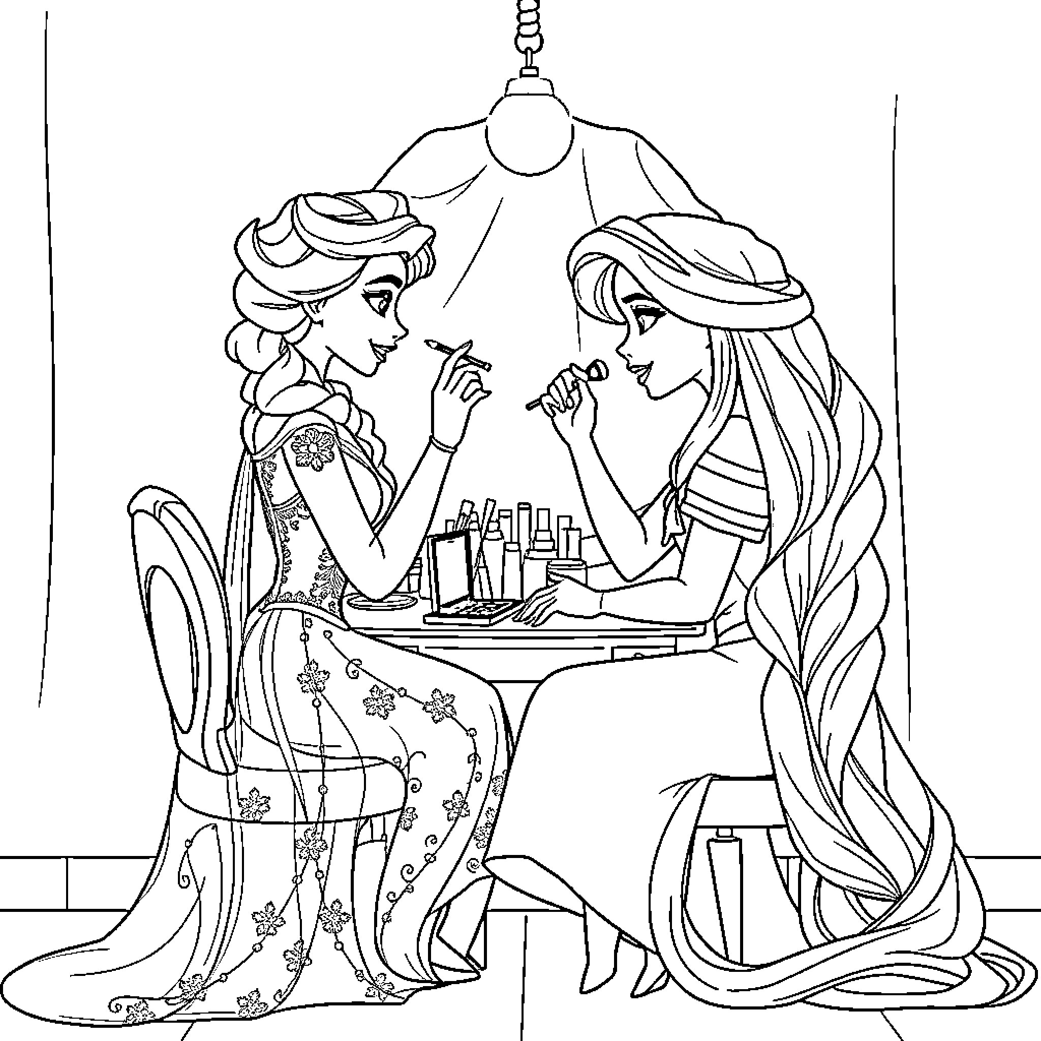 Elsa and Rapunzel having a beauty session together Coloring Page (free black-and-white line drawing printable PDF for all, from beginners to advanced learners, including children, teens, adults, and seniors)