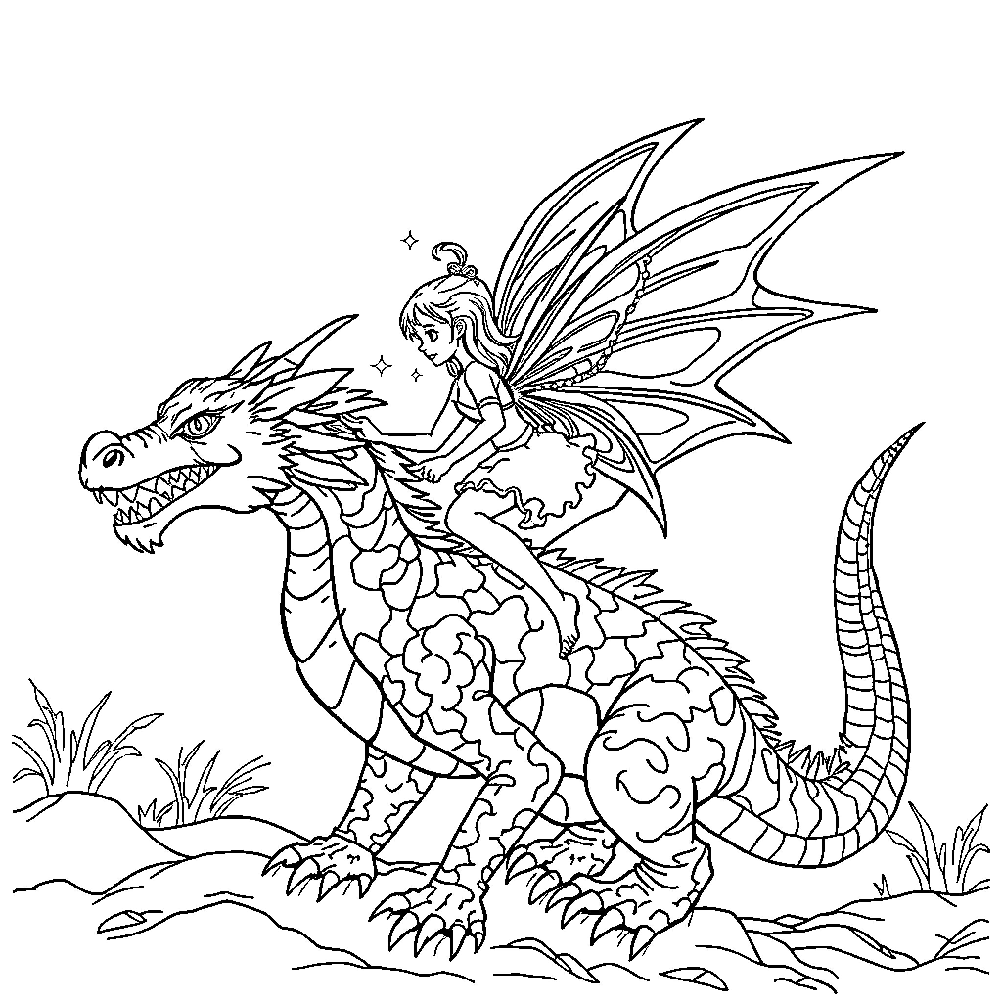 Fairy riding a fantastical dragon Coloring Page (free black-and-white line drawing printable PDF for all, from beginners to advanced learners, including children, teens, adults, and seniors)