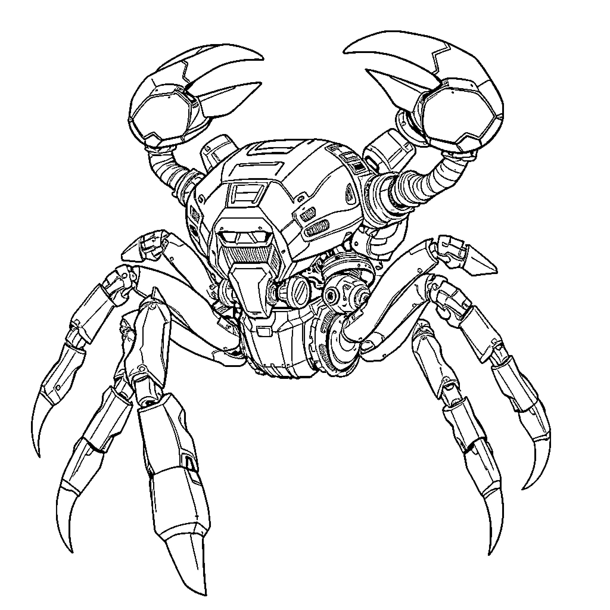 Crab-like robotic machine in attack pose Coloring Page (free black-and-white line drawing printable PDF for all, from beginners to advanced learners, including children, teens, adults, and seniors)