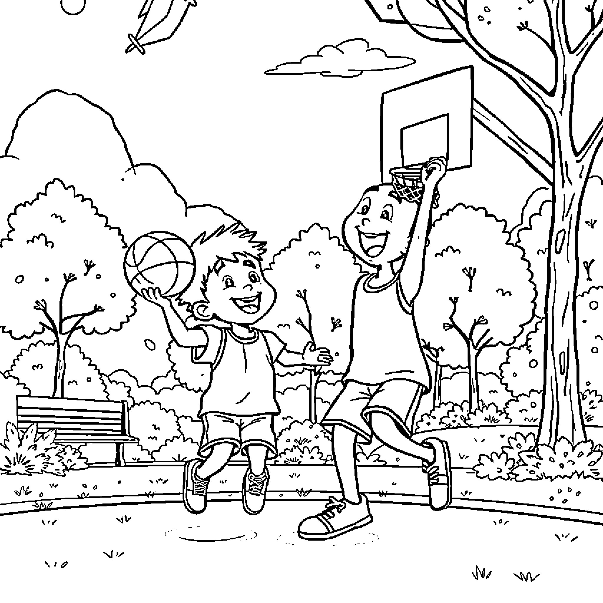 Danny Go Dribbling and Dunking in the Park Coloring Page (free black-and-white line drawing printable PDF for all, from beginners to advanced learners, including children, teens, adults, and seniors)