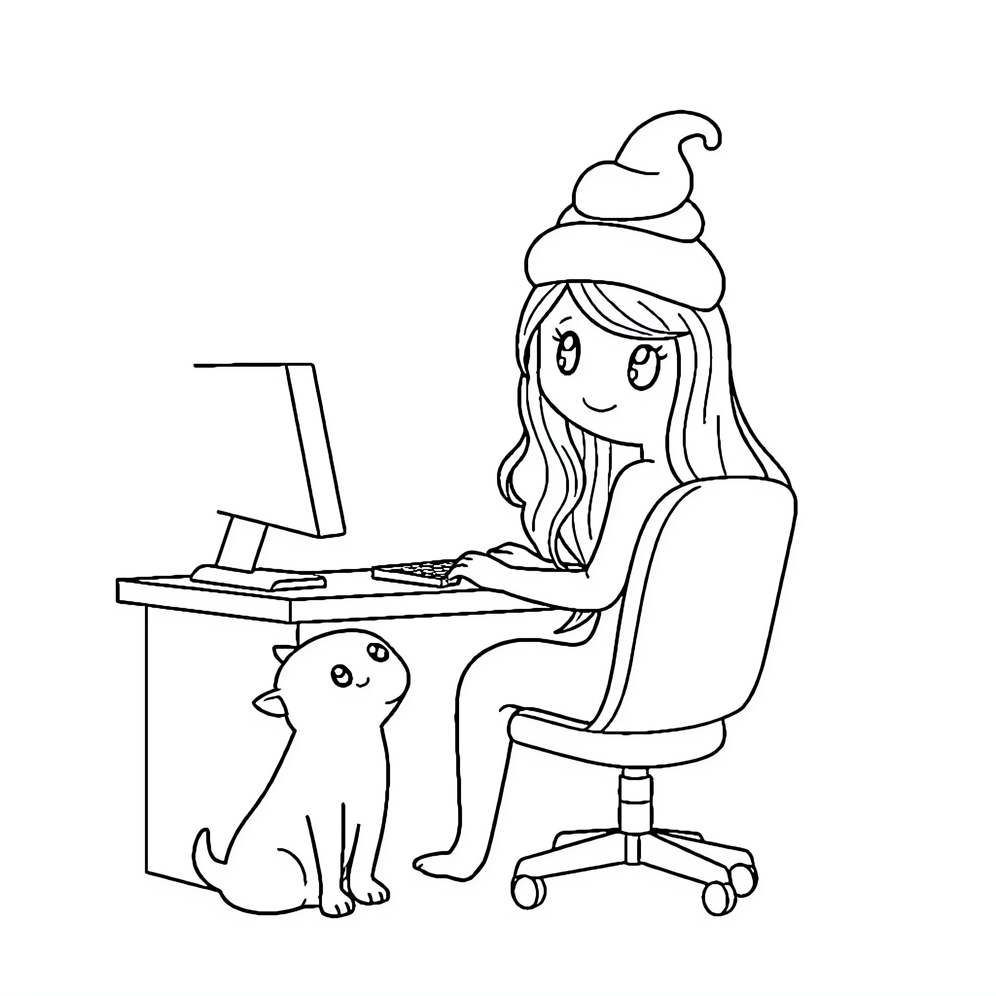 Whale working happily at computer with pet Coloring Page (free black-and-white line drawing printable PDF for all, from beginners to advanced learners, including children, teens, adults, and seniors)