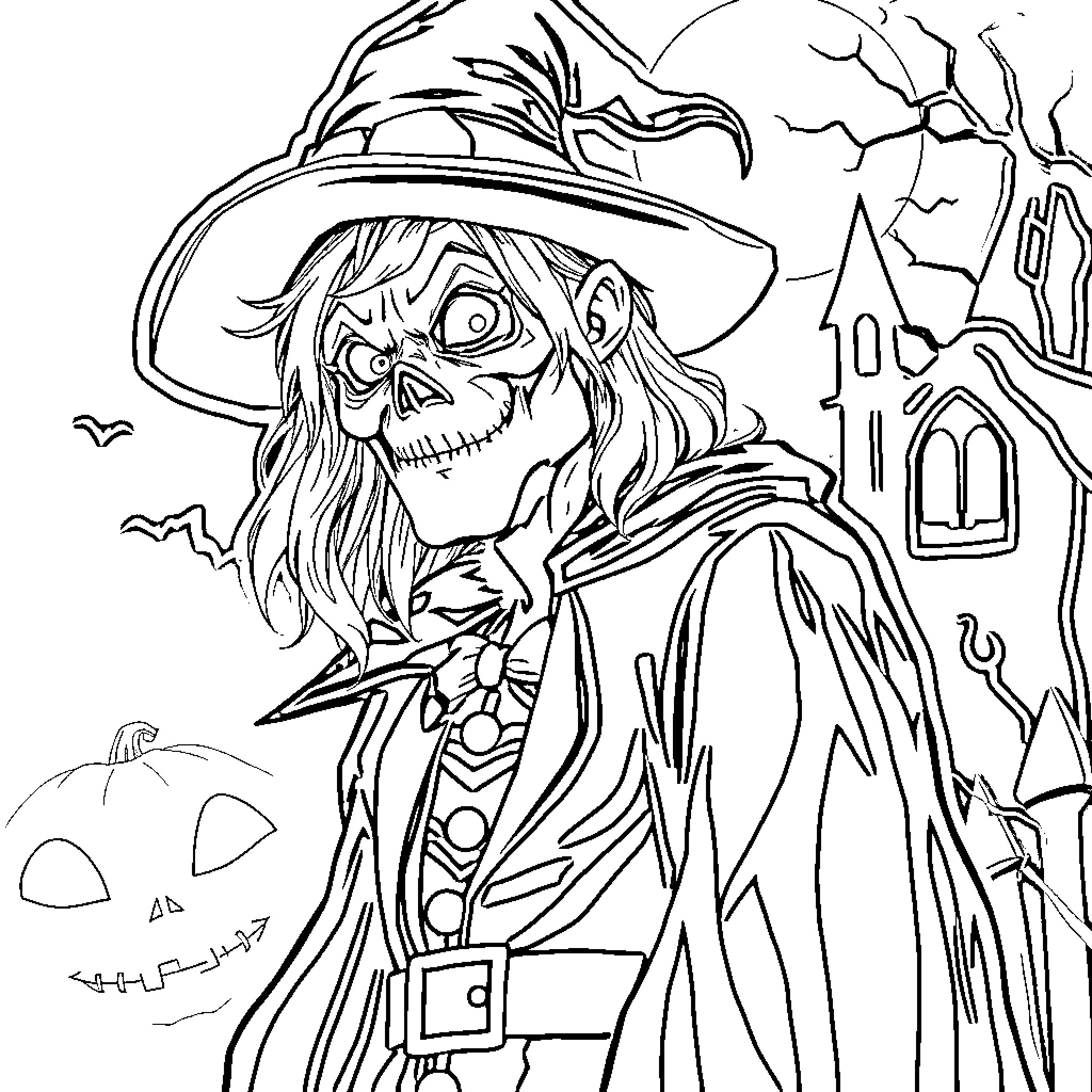 Halloween Frightening Witch Casting Spells in the Night Coloring Page (free black-and-white line drawing printable PDF for all, from beginners to advanced learners, including children, teens, adults, and seniors)