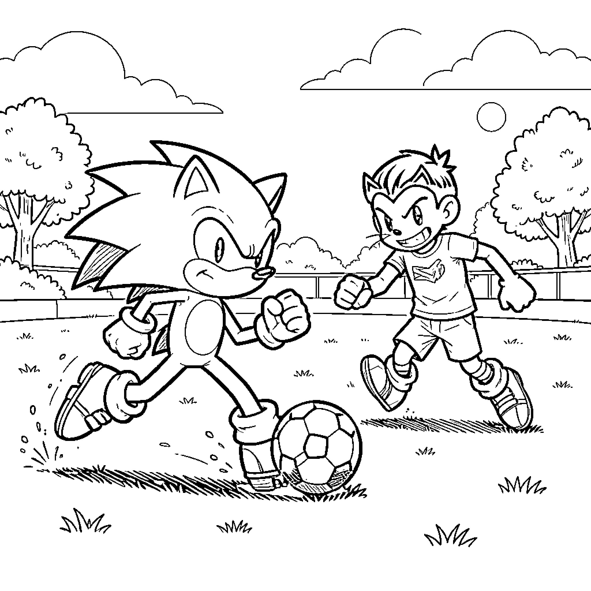 Sonic playing soccer with a young boy Coloring Page (free black-and-white line drawing printable PDF for all, from beginners to advanced learners, including children, teens, adults, and seniors)