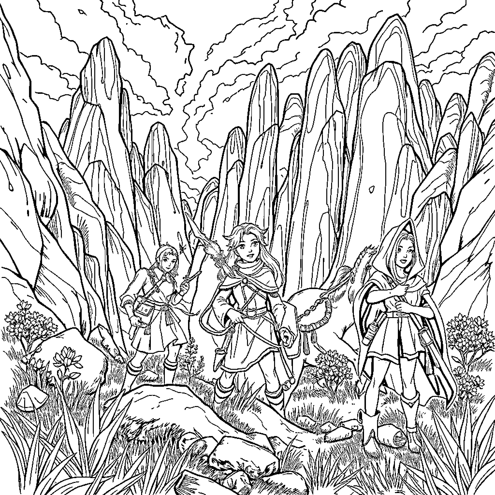 Huntrix Adventurers Exploring Mysterious Mountainous Landscape Coloring Page (free black-and-white line drawing printable PDF for all, from beginners to advanced learners, including children, teens, adults, and seniors)
