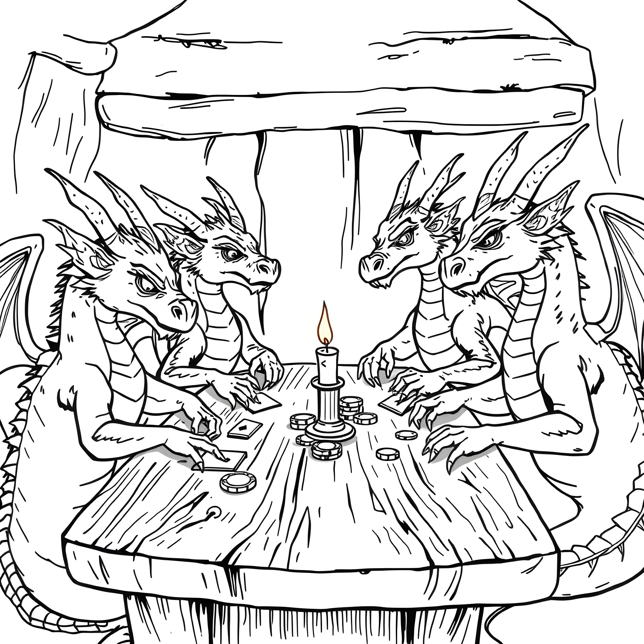 Dragon Companions Gathered Around a Campfire Coloring Page (free black-and-white line drawing printable PDF for all, from beginners to advanced learners, including children, teens, adults, and seniors)
