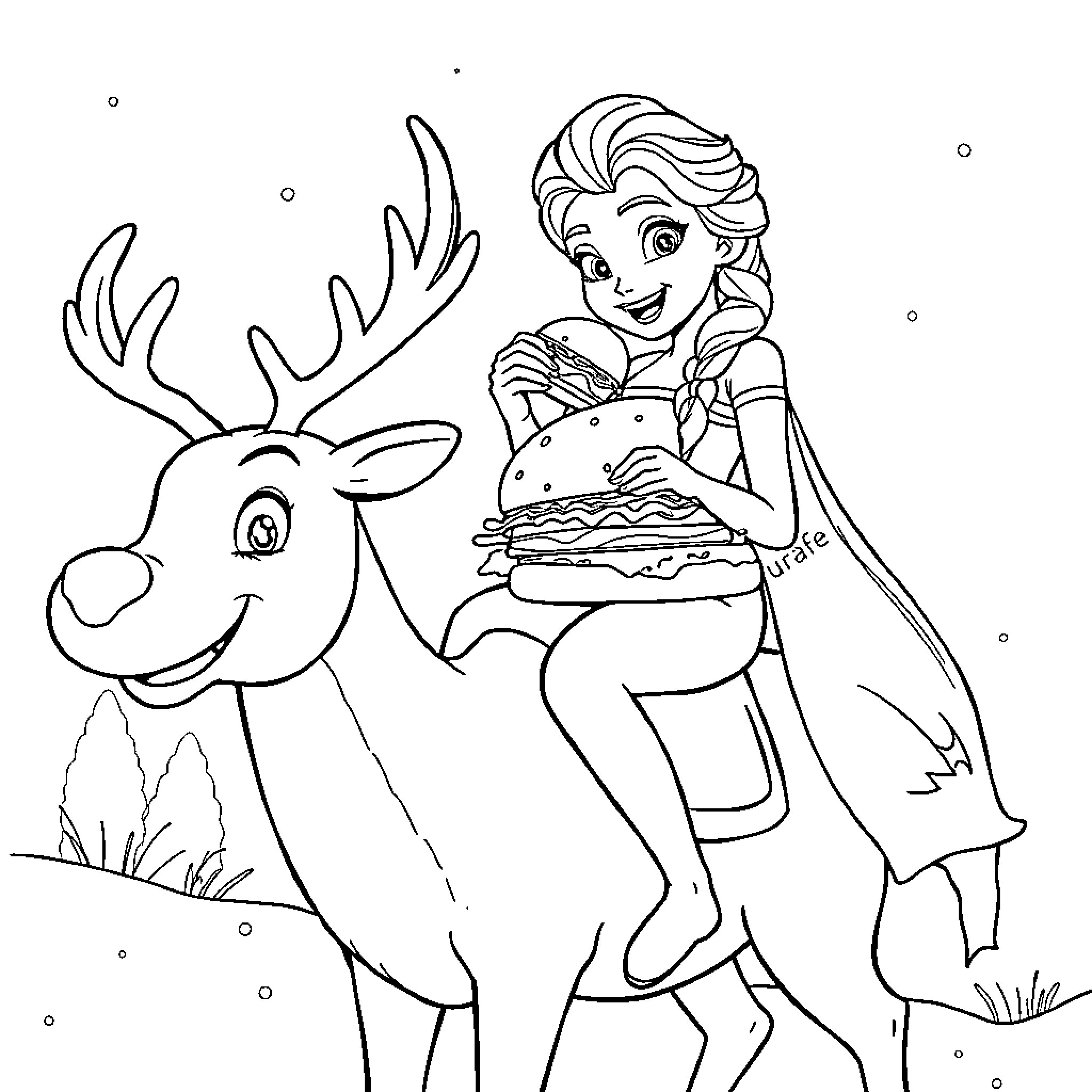 Elsa enjoying a meal with a friendly reindeer Coloring Page (free black-and-white line drawing printable PDF for all, from beginners to advanced learners, including children, teens, adults, and seniors)
