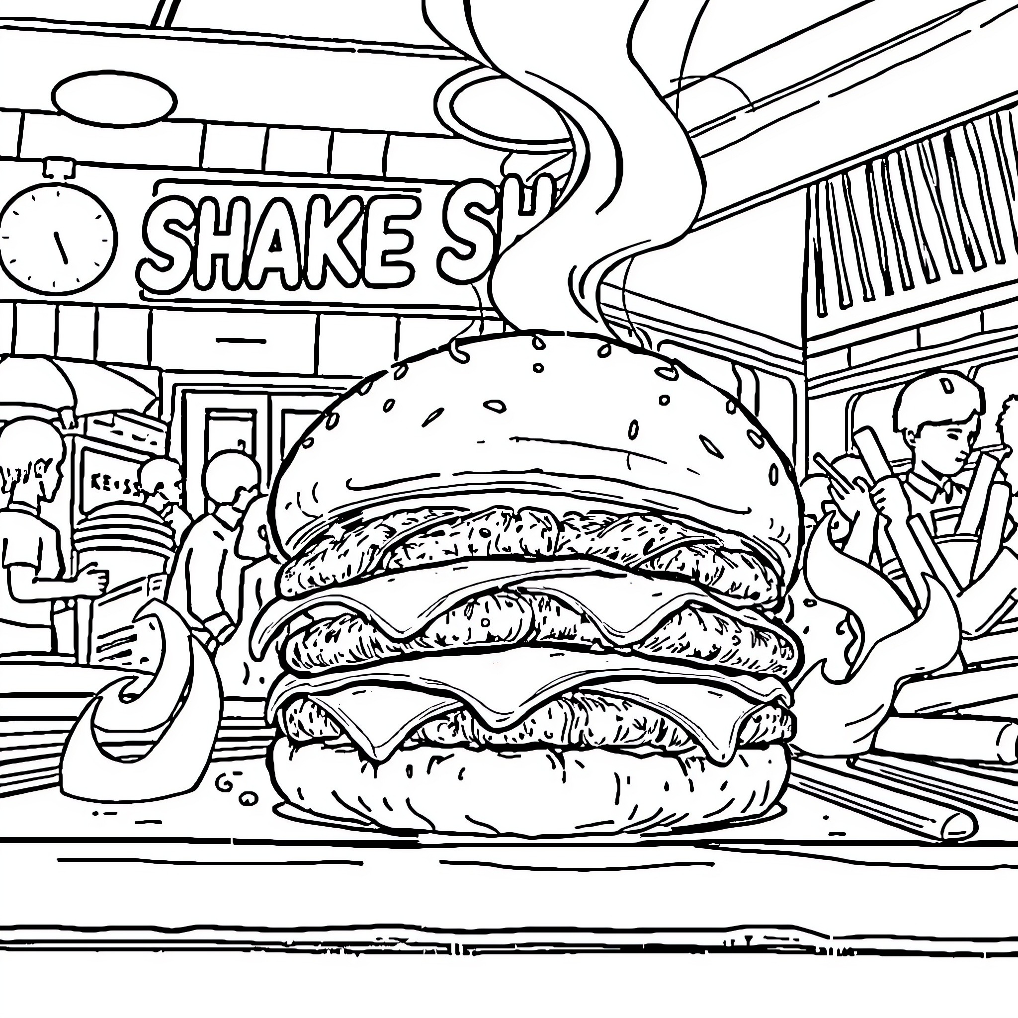 Burger Shop Scene with Diner Atmosphere Coloring Page (free black-and-white line drawing printable PDF for all, from beginners to advanced learners, including children, teens, adults, and seniors)
