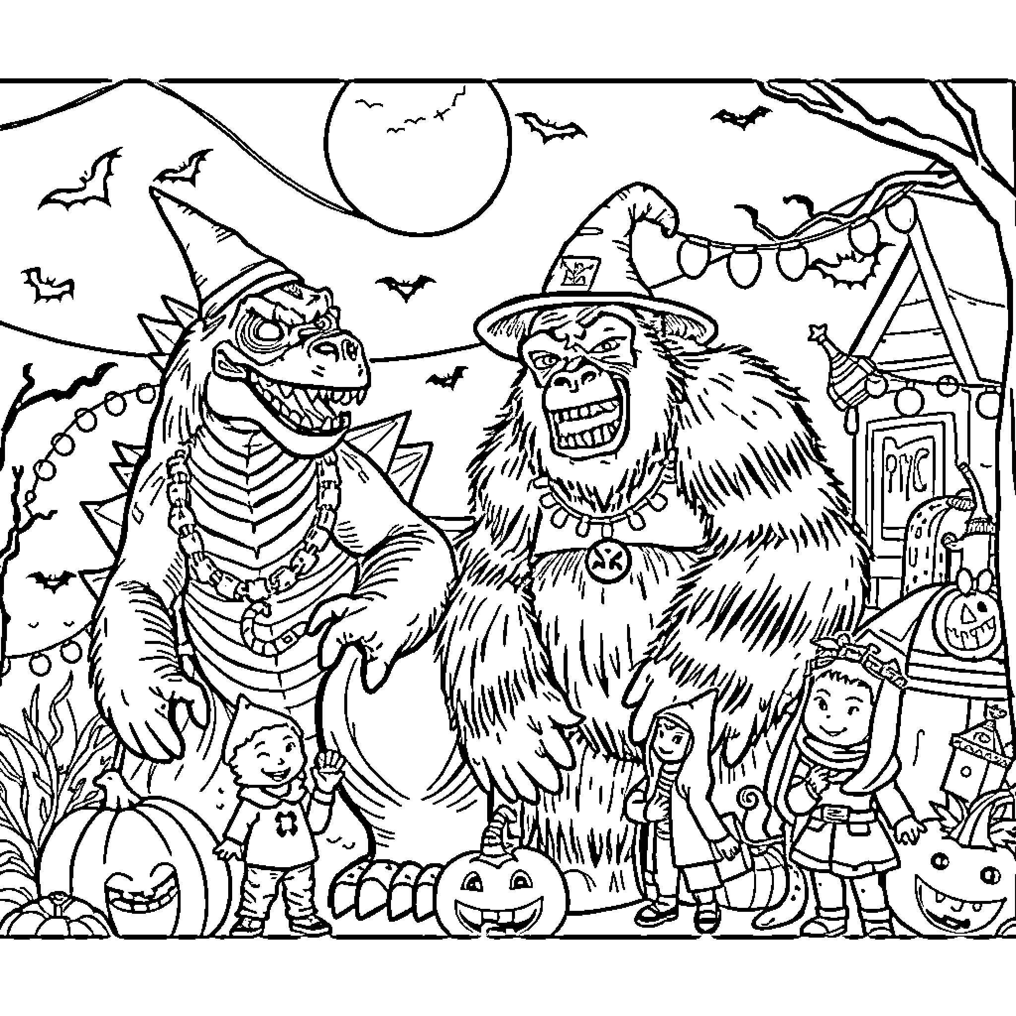 Godzilla and Bigfoot's Halloween Adventure Coloring Page (free black-and-white line drawing printable PDF for all, from beginners to advanced learners, including children, teens, adults, and seniors)