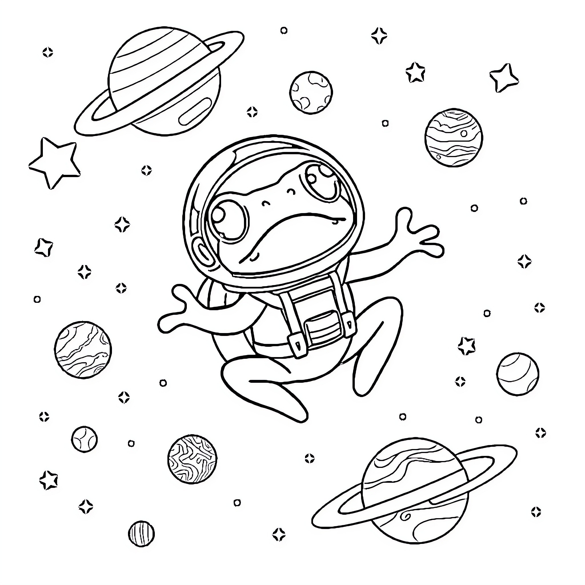 Frog astronaut exploring the galaxy Coloring Page (free black-and-white line drawing printable PDF for all, from beginners to advanced learners, including children, teens, adults, and seniors)