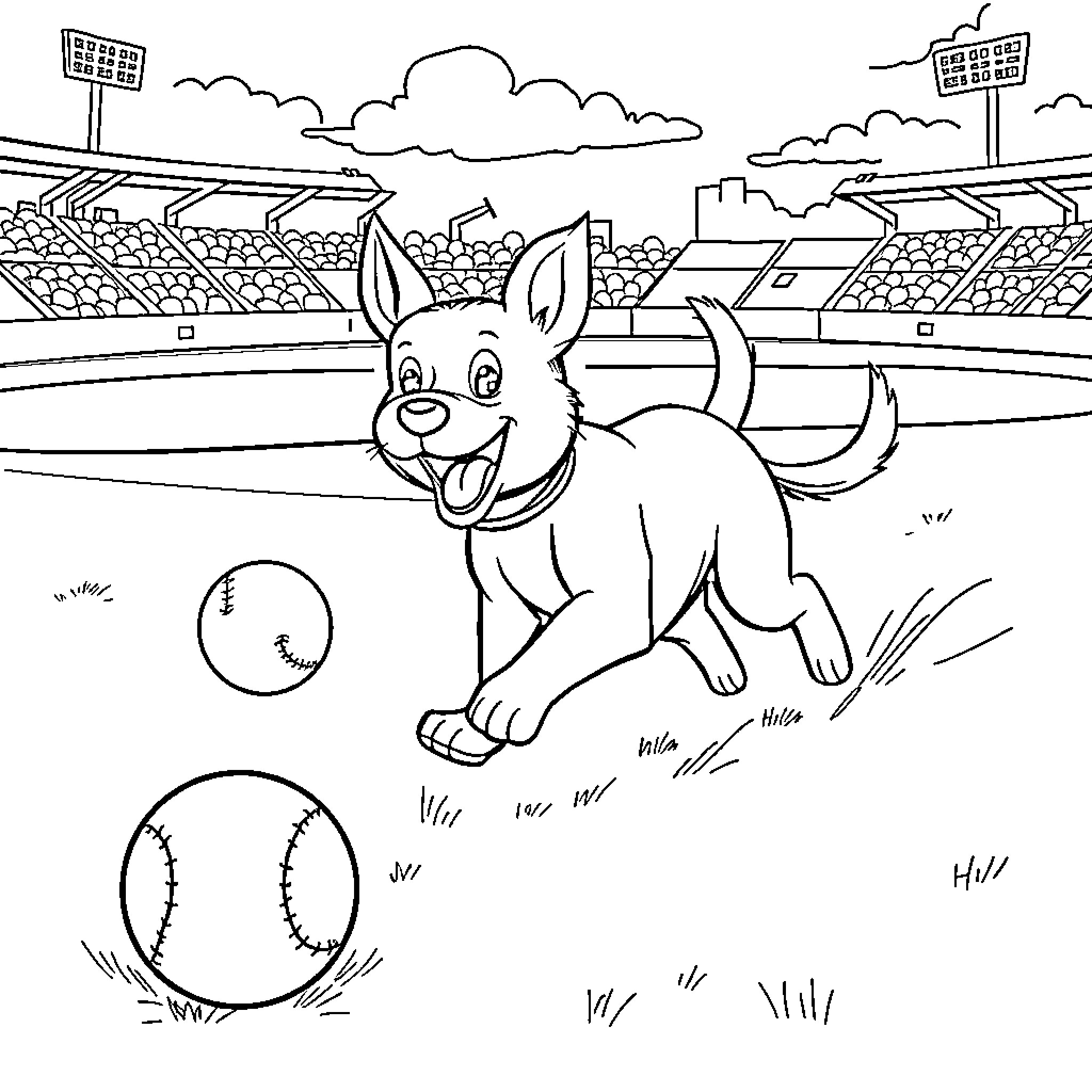 Dog playing in a baseball stadium Coloring Page (free black-and-white line drawing printable PDF for all, from beginners to advanced learners, including children, teens, adults, and seniors)