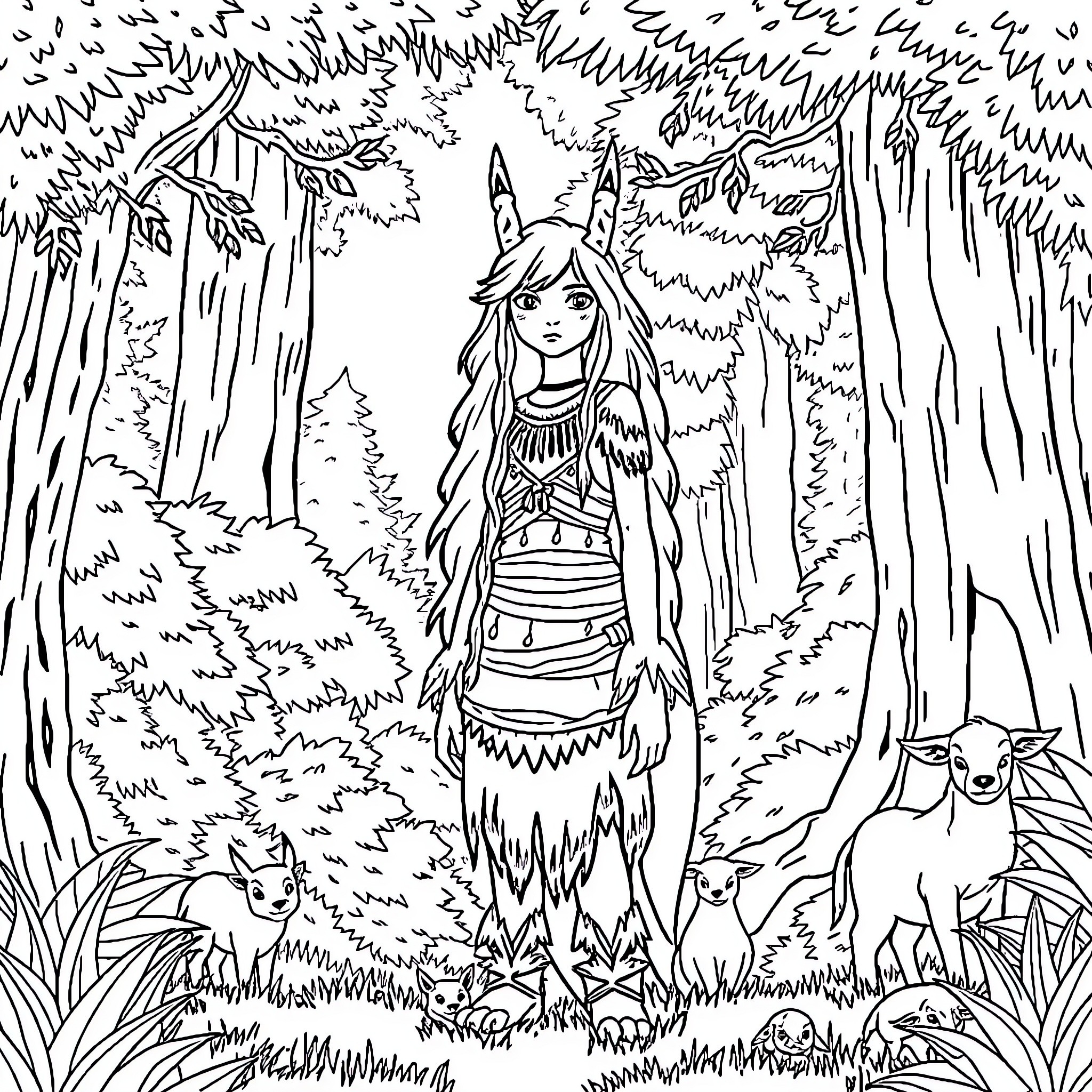 Princess Mononoke in the enchanted forest Coloring Page (free black-and-white line drawing printable PDF for all, from beginners to advanced learners, including children, teens, adults, and seniors)