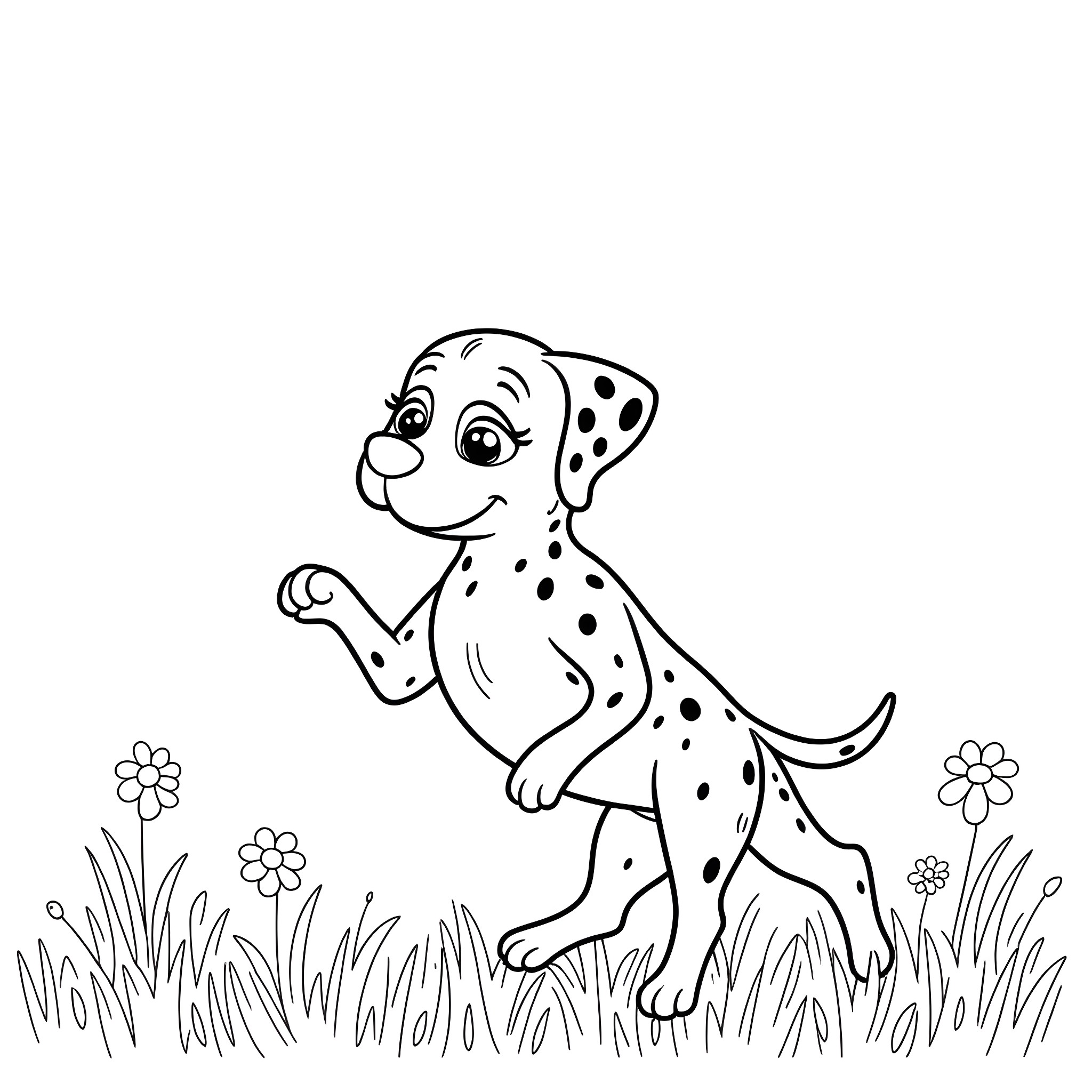Dalmatian puppy playing in the meadow Coloring Page (free black-and-white line drawing printable PDF for all, from beginners to advanced learners, including children, teens, adults, and seniors)