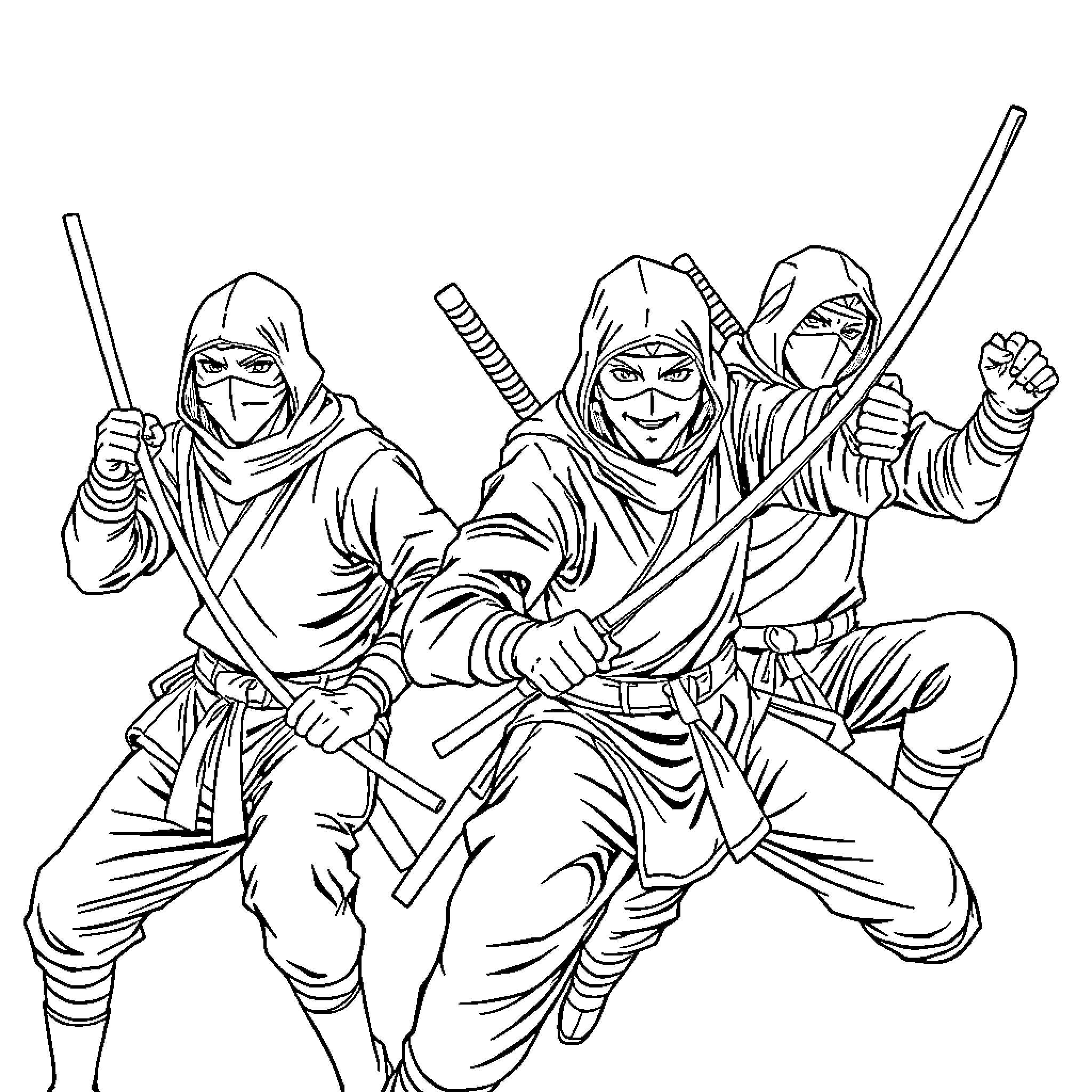 Ninja warriors in battle stance Coloring Page (free black-and-white line drawing printable PDF for all, from beginners to advanced learners, including children, teens, adults, and seniors)
