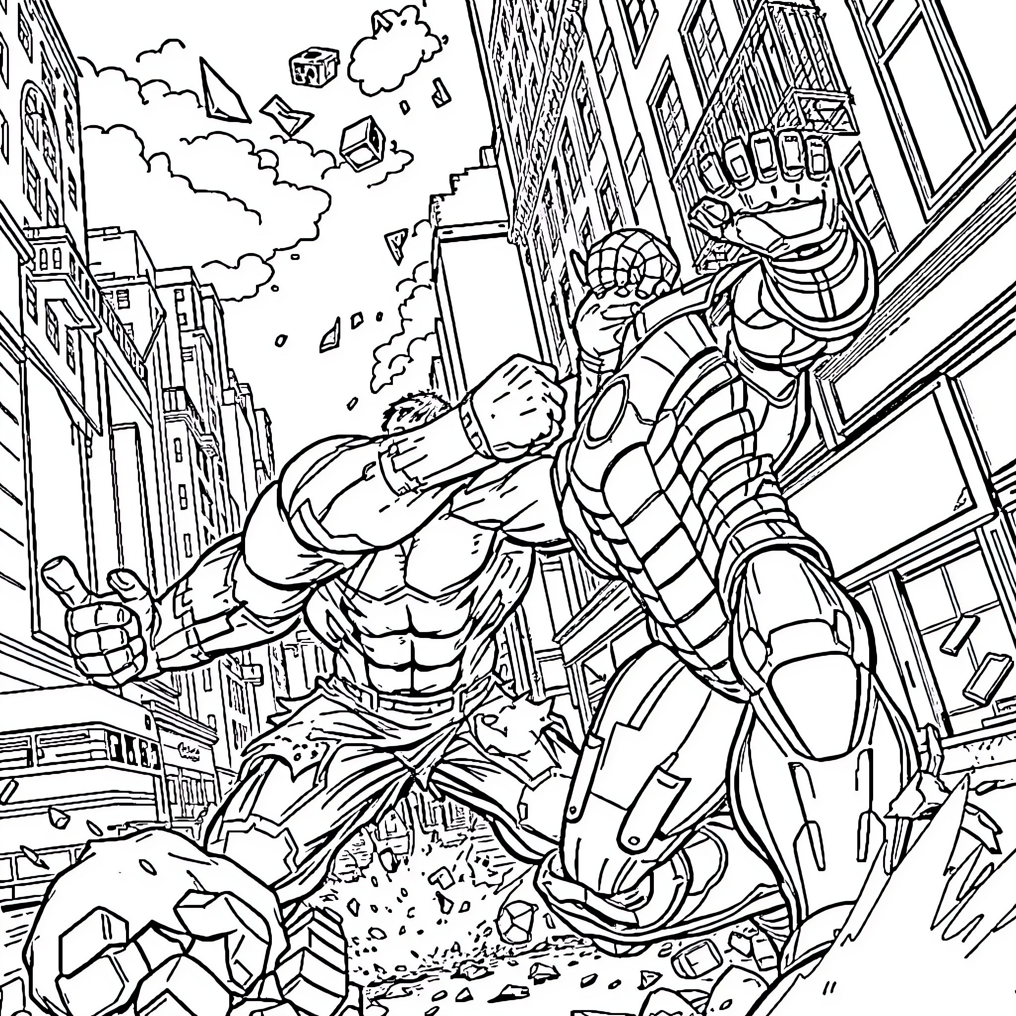 Hulk Battles Villainous Forces in the City Coloring Page (free black-and-white line drawing printable PDF for all, from beginners to advanced learners, including children, teens, adults, and seniors)