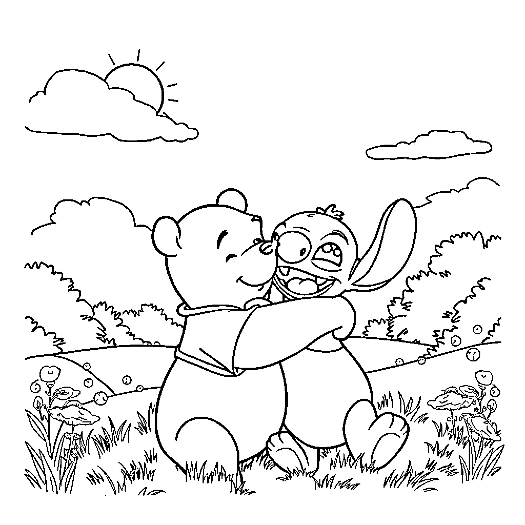 Winnie The Pooh hugging Stitch in a meadow Coloring Page (free black-and-white line drawing printable PDF for all, from beginners to advanced learners, including children, teens, adults, and seniors)