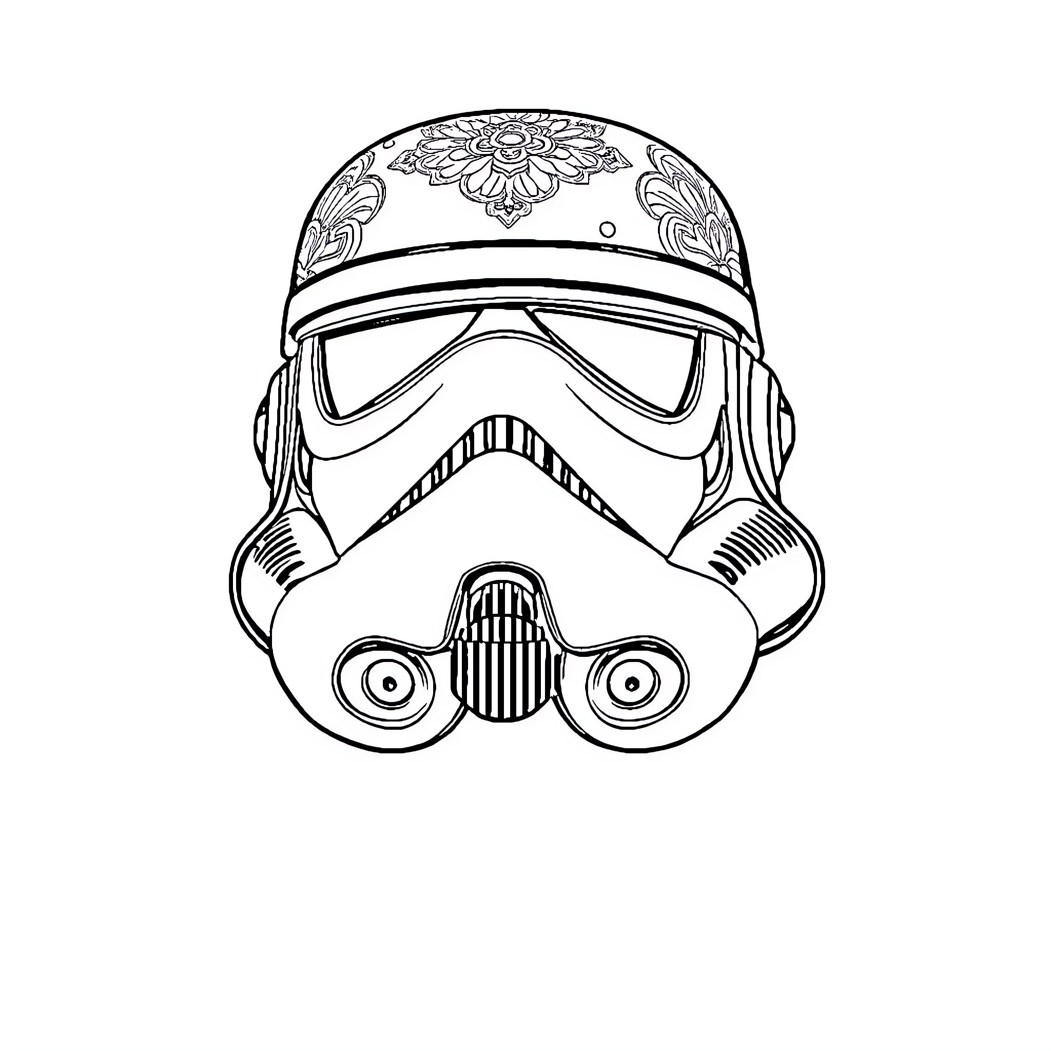 Stormtrooper with intricate helmet design Coloring Page (free black-and-white line drawing printable PDF for all, from beginners to advanced learners, including children, teens, adults, and seniors)