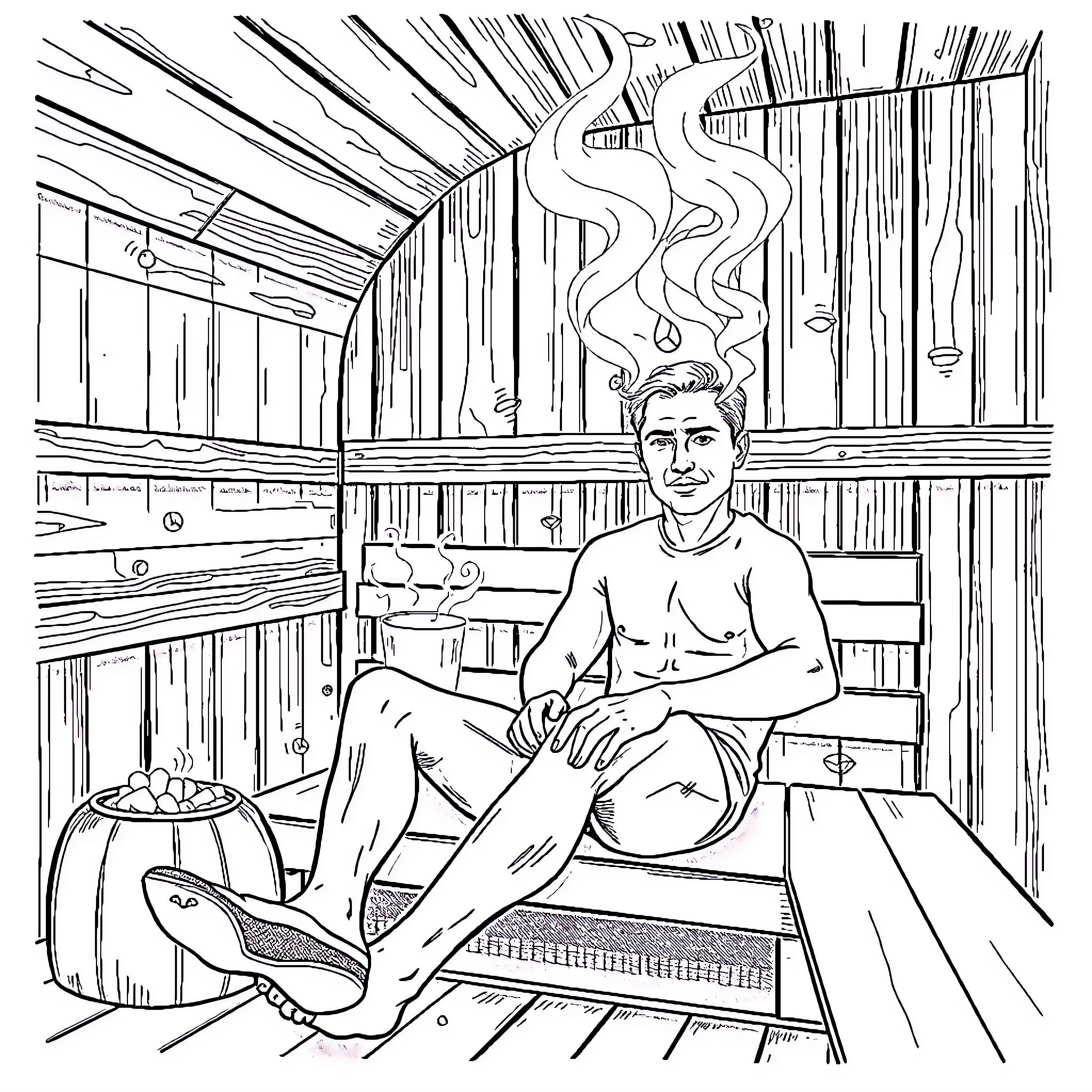 Ethan Hunt relaxing in a cozy cabin Coloring Page (free black-and-white line drawing printable PDF for all, from beginners to advanced learners, including children, teens, adults, and seniors)