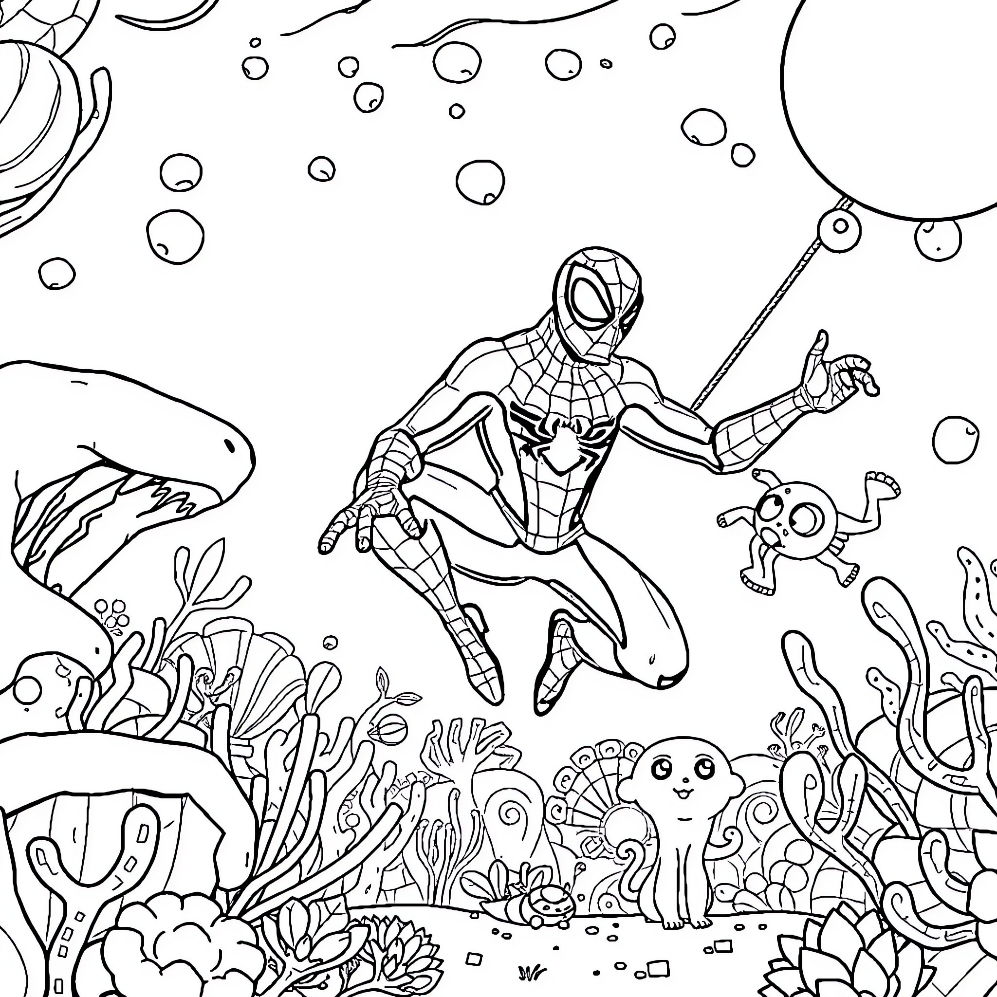 Spiderman swimming underwater with marine life Coloring Page (free black-and-white line drawing printable PDF for all, from beginners to advanced learners, including children, teens, adults, and seniors)