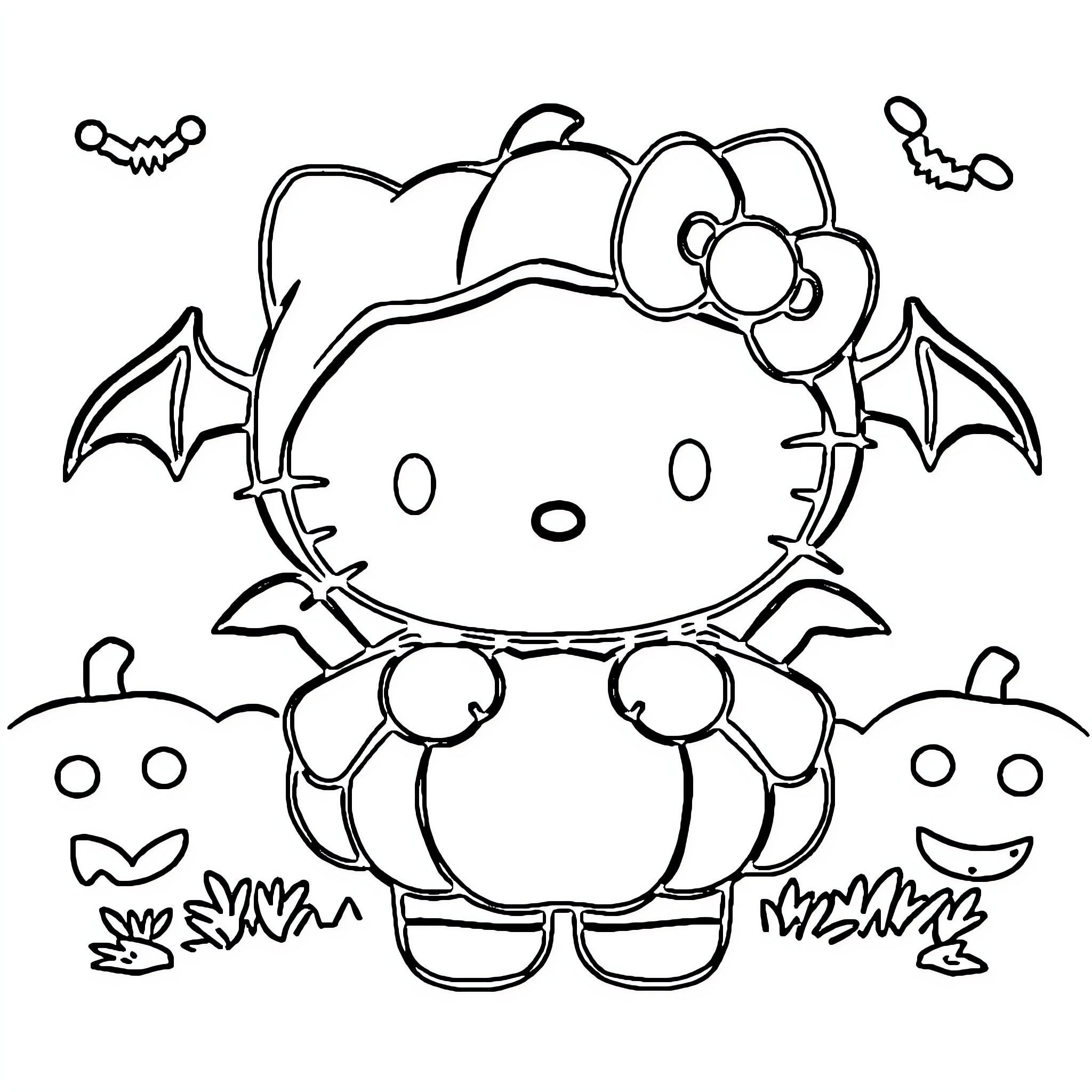 Hello Kitty dressed as a Halloween character Coloring Page (free black-and-white line drawing printable PDF for all, from beginners to advanced learners, including children, teens, adults, and seniors)