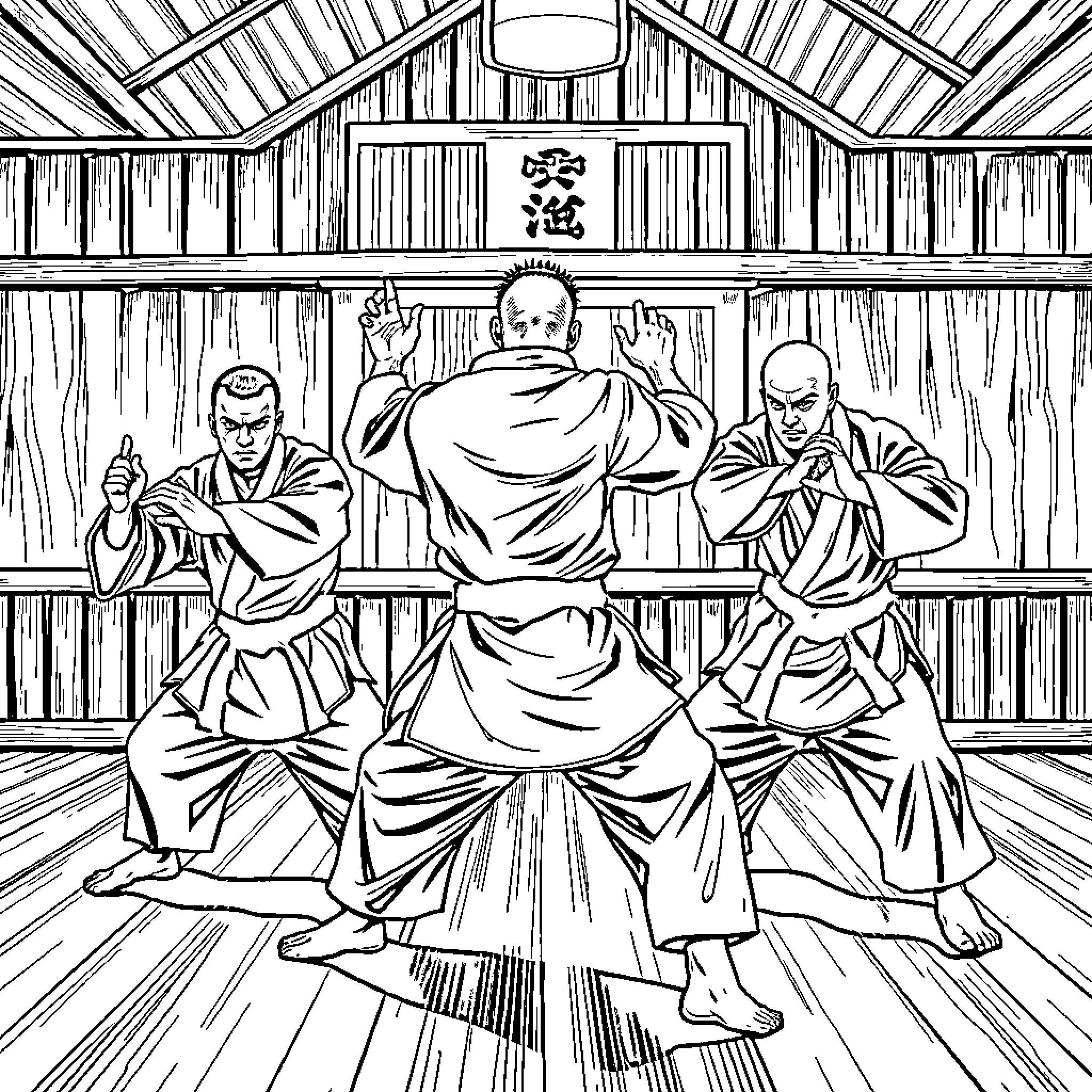 Bad Boys in Intense Martial Arts Showdown Coloring Page (free black-and-white line drawing printable PDF for all, from beginners to advanced learners, including children, teens, adults, and seniors)