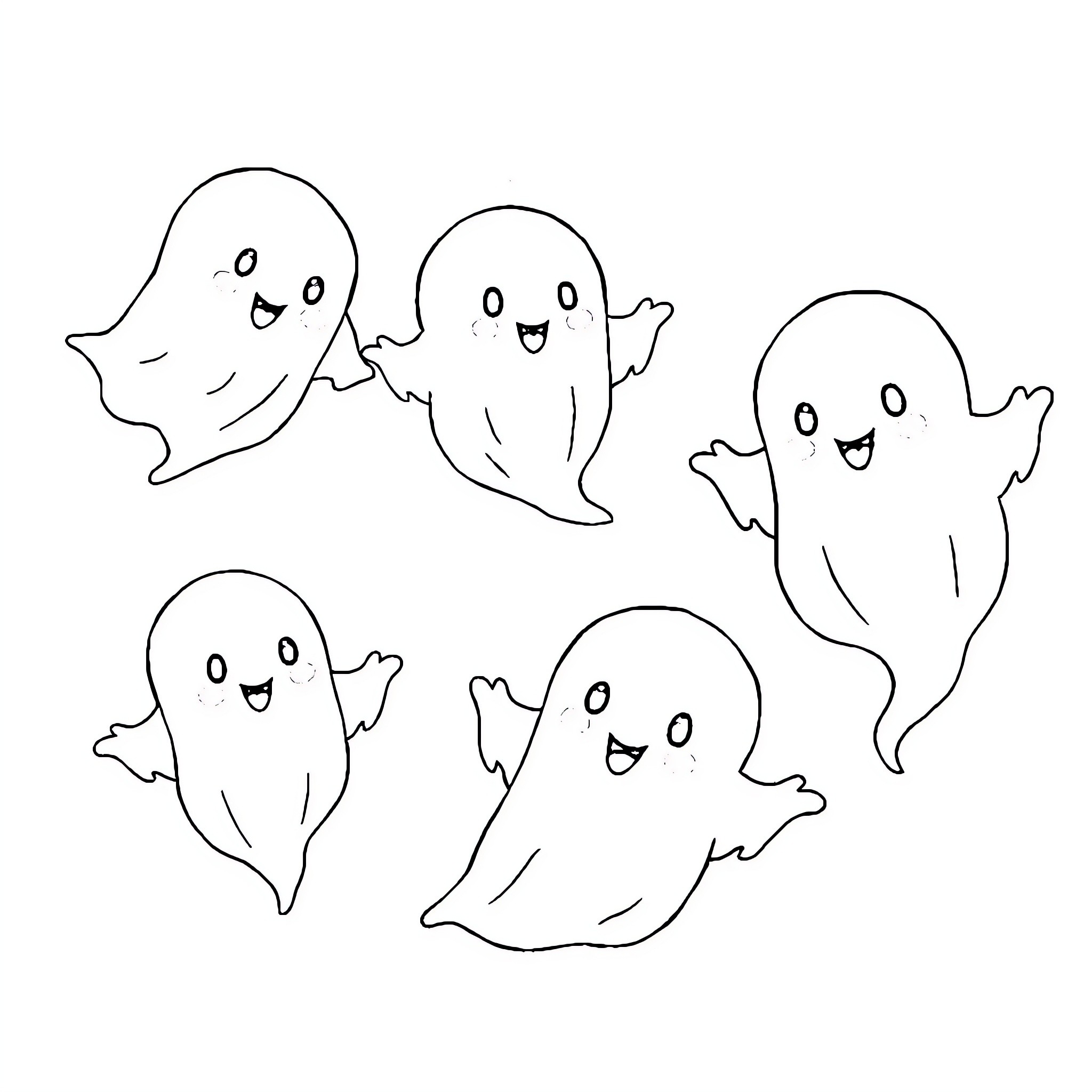 Ghost-like figures with happy expressions Coloring Page (free black-and-white line drawing printable PDF for all, from beginners to advanced learners, including children, teens, adults, and seniors)