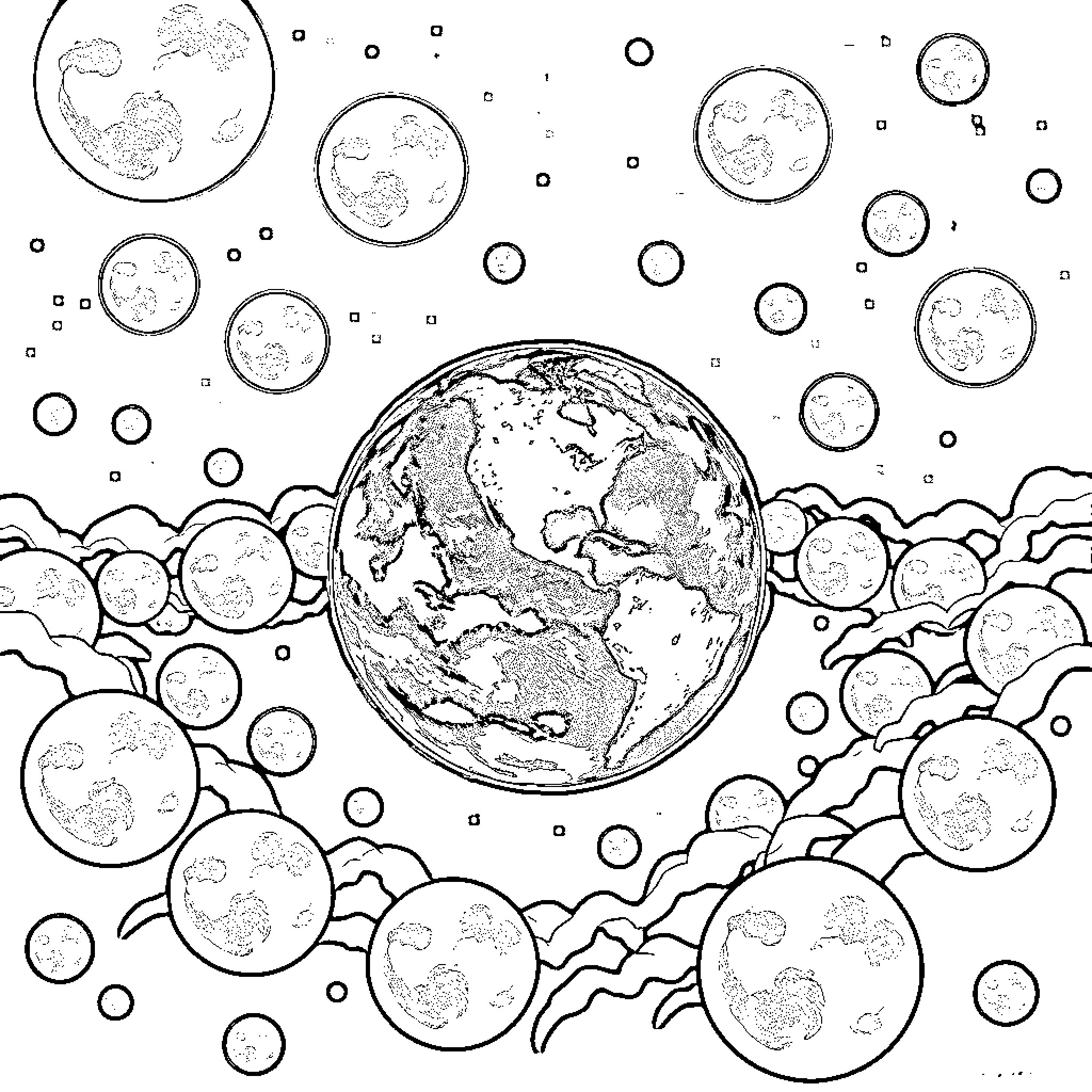 Earth filled with abstract floating shapes Coloring Page (free black-and-white line drawing printable PDF for all, from beginners to advanced learners, including children, teens, adults, and seniors)