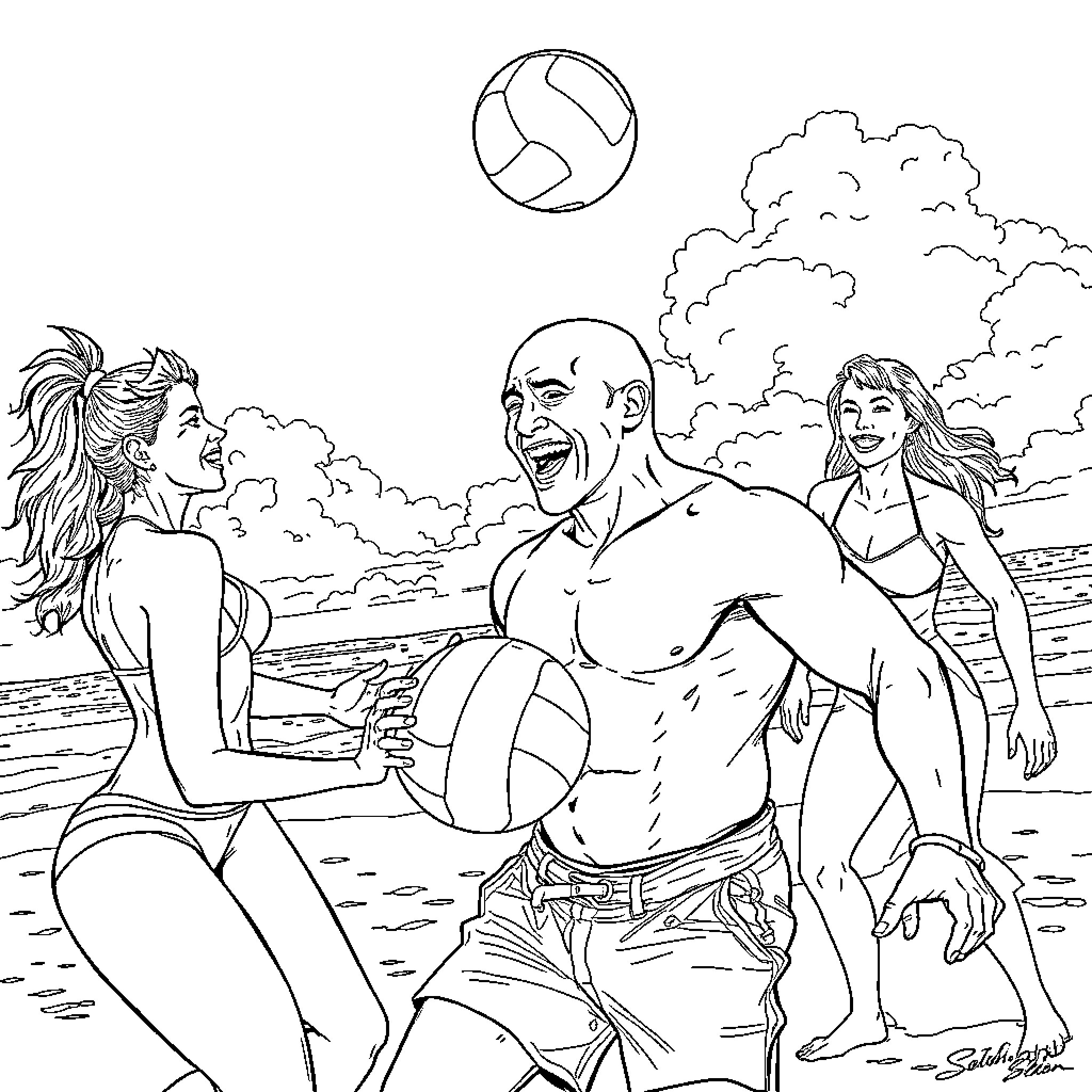 Vin Diesel playing beachside volleyball with friends Coloring Page (free black-and-white line drawing printable PDF for all, from beginners to advanced learners, including children, teens, adults, and seniors)