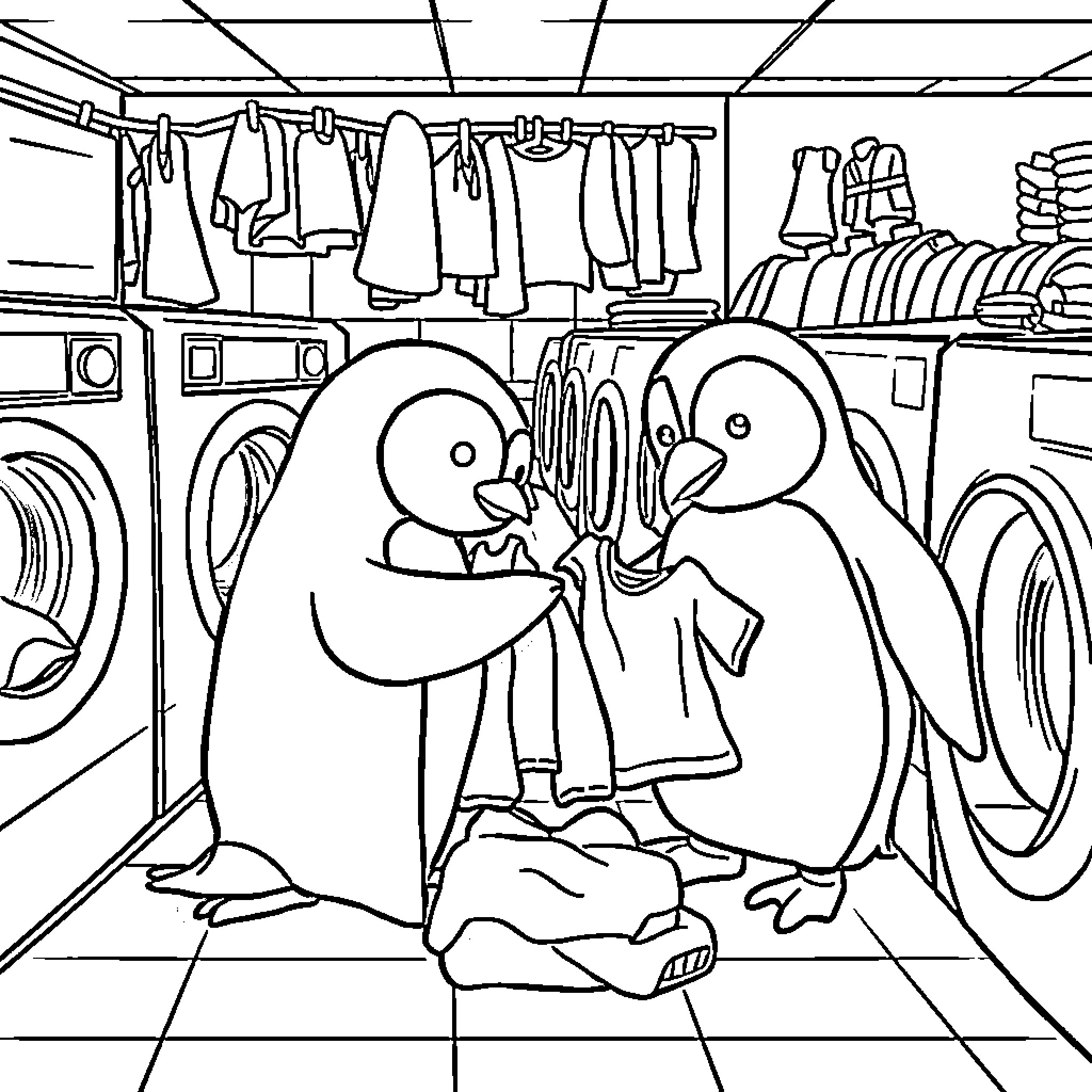 Penguins Helping Each Other in the Laundromat Coloring Page (free black-and-white line drawing printable PDF for all, from beginners to advanced learners, including children, teens, adults, and seniors)