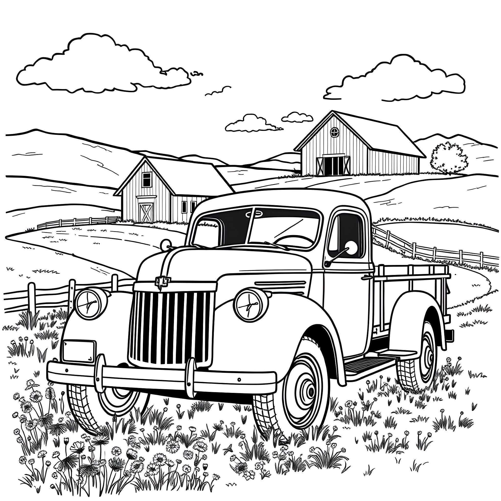 Truck on the country road passing by farm barns Coloring Page (free black-and-white line drawing printable PDF for all, from beginners to advanced learners, including children, teens, adults, and seniors)