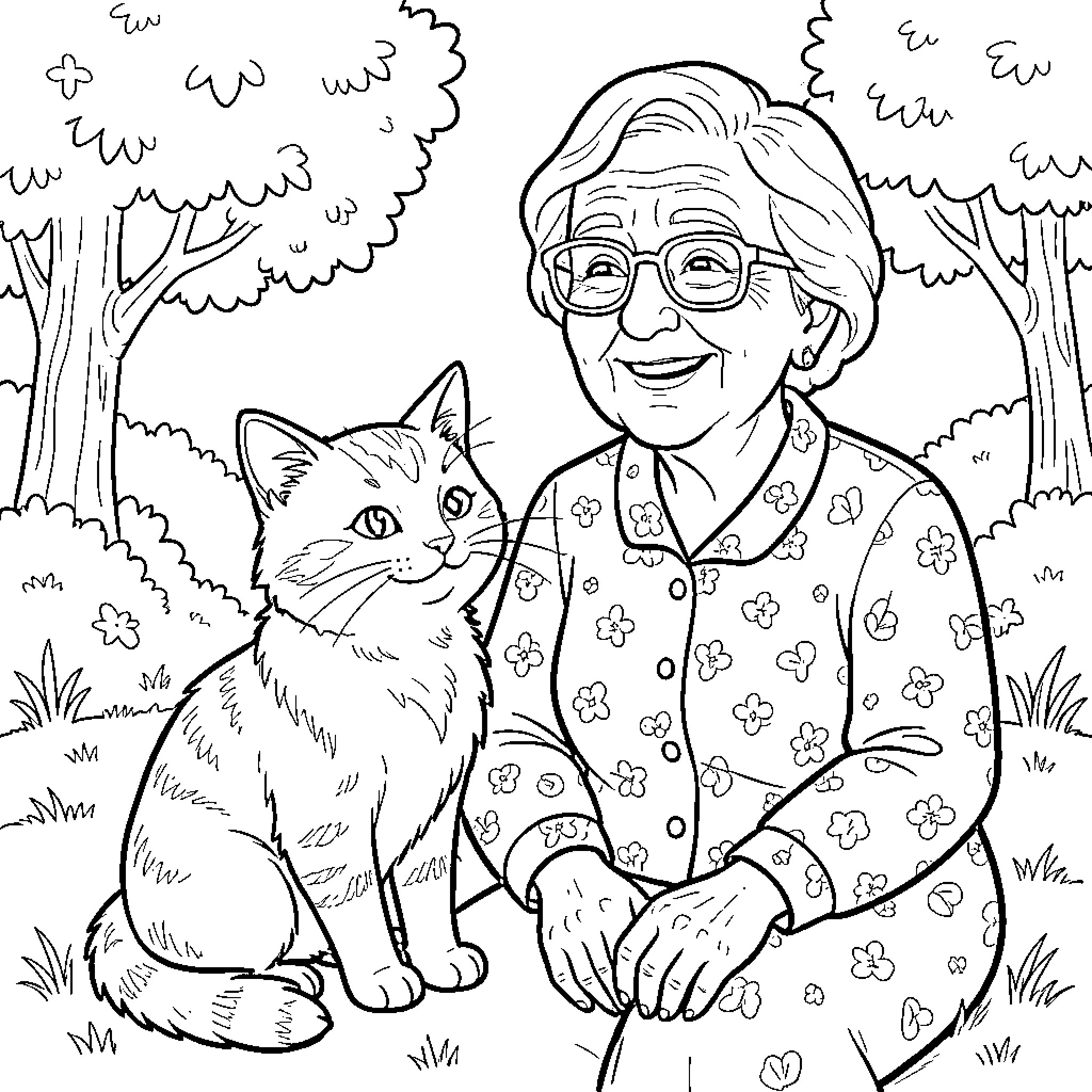 Cat and Friendly Elderly Woman in the Garden Coloring Page (free black-and-white line drawing printable PDF for all, from beginners to advanced learners, including children, teens, adults, and seniors)