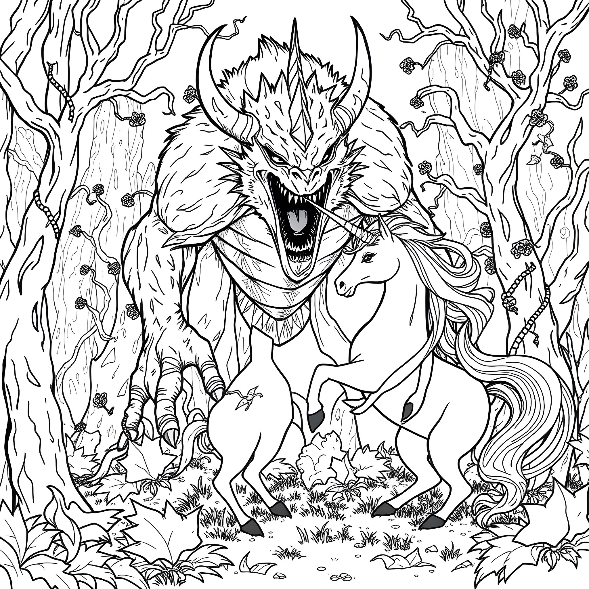 Monster roaring at a unicorn in the enchanted forest Coloring Page (free black-and-white line drawing printable PDF for all, from beginners to advanced learners, including children, teens, adults, and seniors)