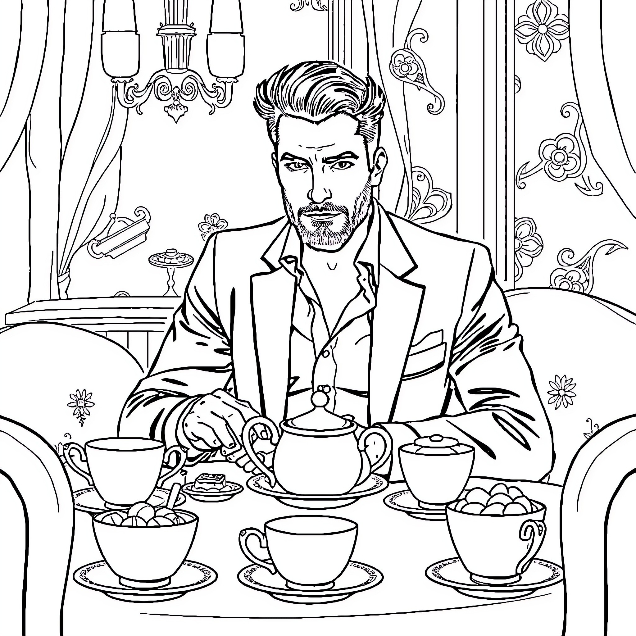 Man Enjoying Tea and Snacks in Elegant Setting Coloring Page (free black-and-white line drawing printable PDF for all, from beginners to advanced learners, including children, teens, adults, and seniors)