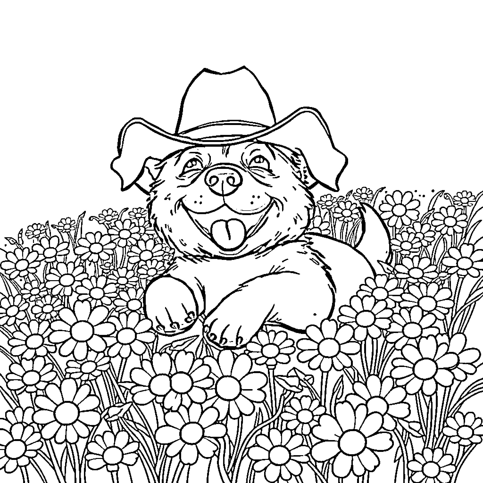 Dog enjoying the floral garden Coloring Page (free black-and-white line drawing printable PDF for all, from beginners to advanced learners, including children, teens, adults, and seniors)