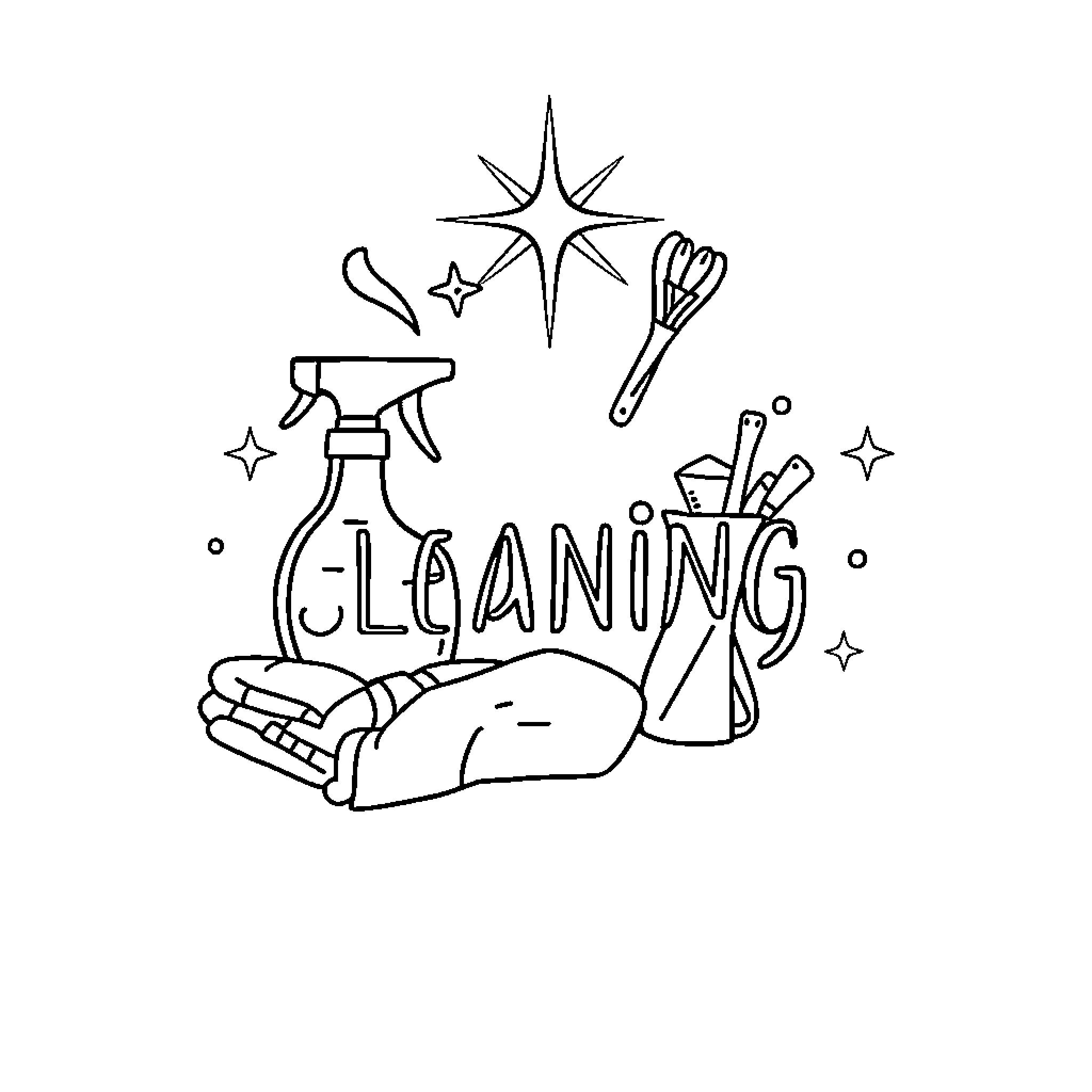 Cleaning Logo with Cleaning Supplies and Glittering Stars Coloring Page (free black-and-white line drawing printable PDF for all, from beginners to advanced learners, including children, teens, adults, and seniors)