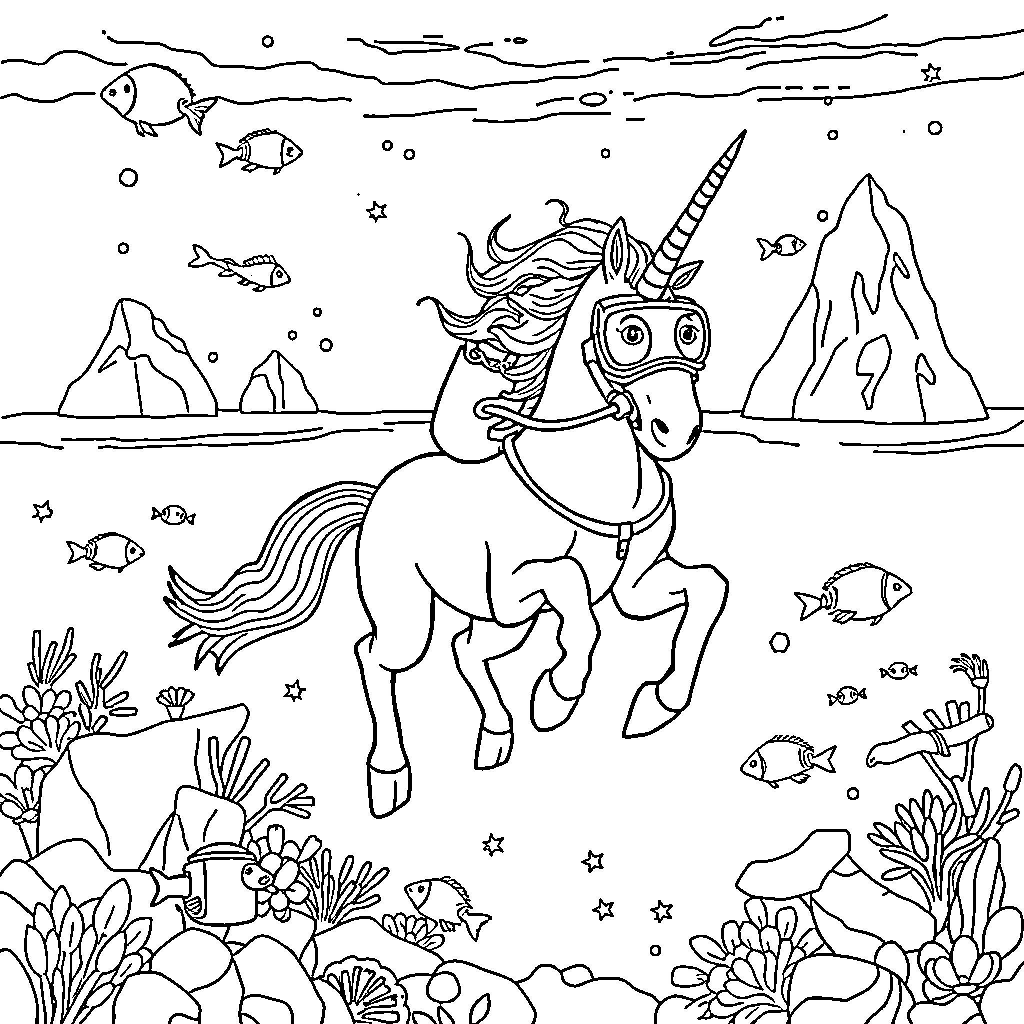 Centaur unicorn in fantastical underwater landscape Coloring Page (free black-and-white line drawing printable PDF for all, from beginners to advanced learners, including children, teens, adults, and seniors)