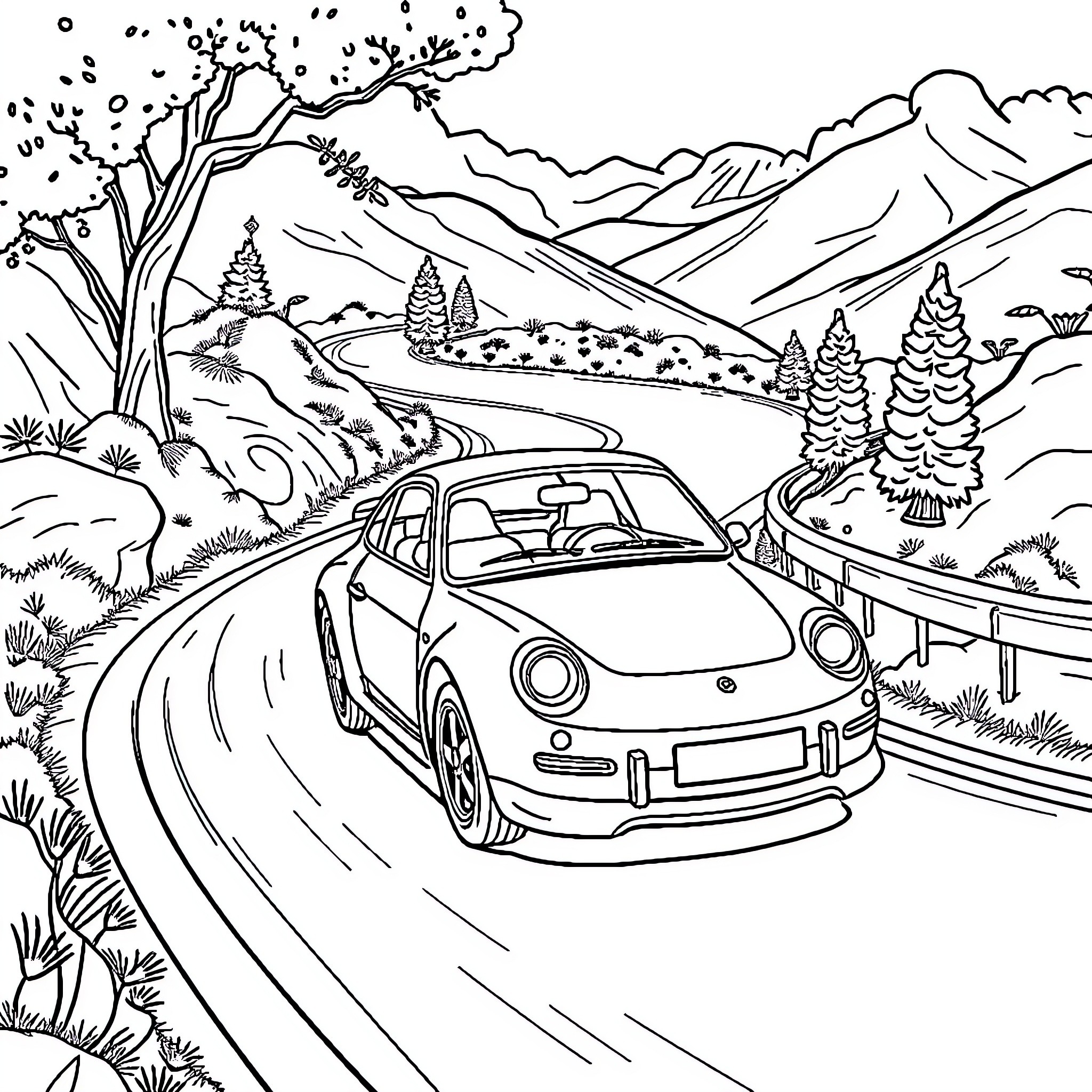 Car driving through scenic mountain landscape Coloring Page (free black-and-white line drawing printable PDF for all, from beginners to advanced learners, including children, teens, adults, and seniors)