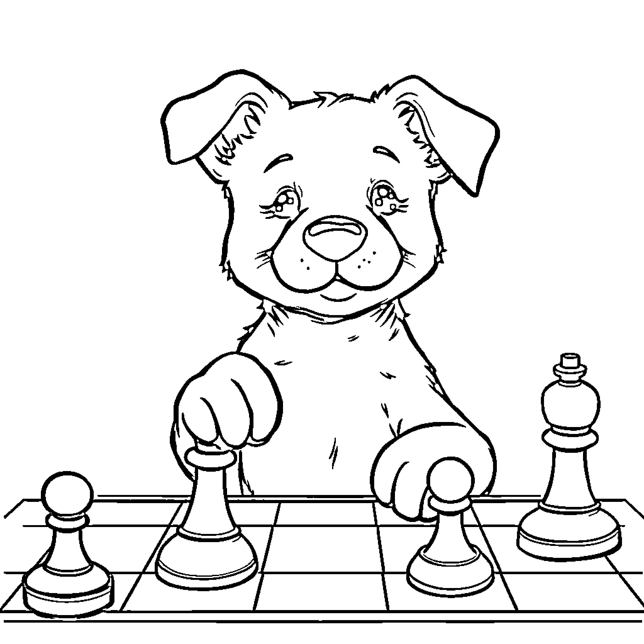 Dog playing chess on a chessboard Coloring Page (free black-and-white line drawing printable PDF for all, from beginners to advanced learners, including children, teens, adults, and seniors)