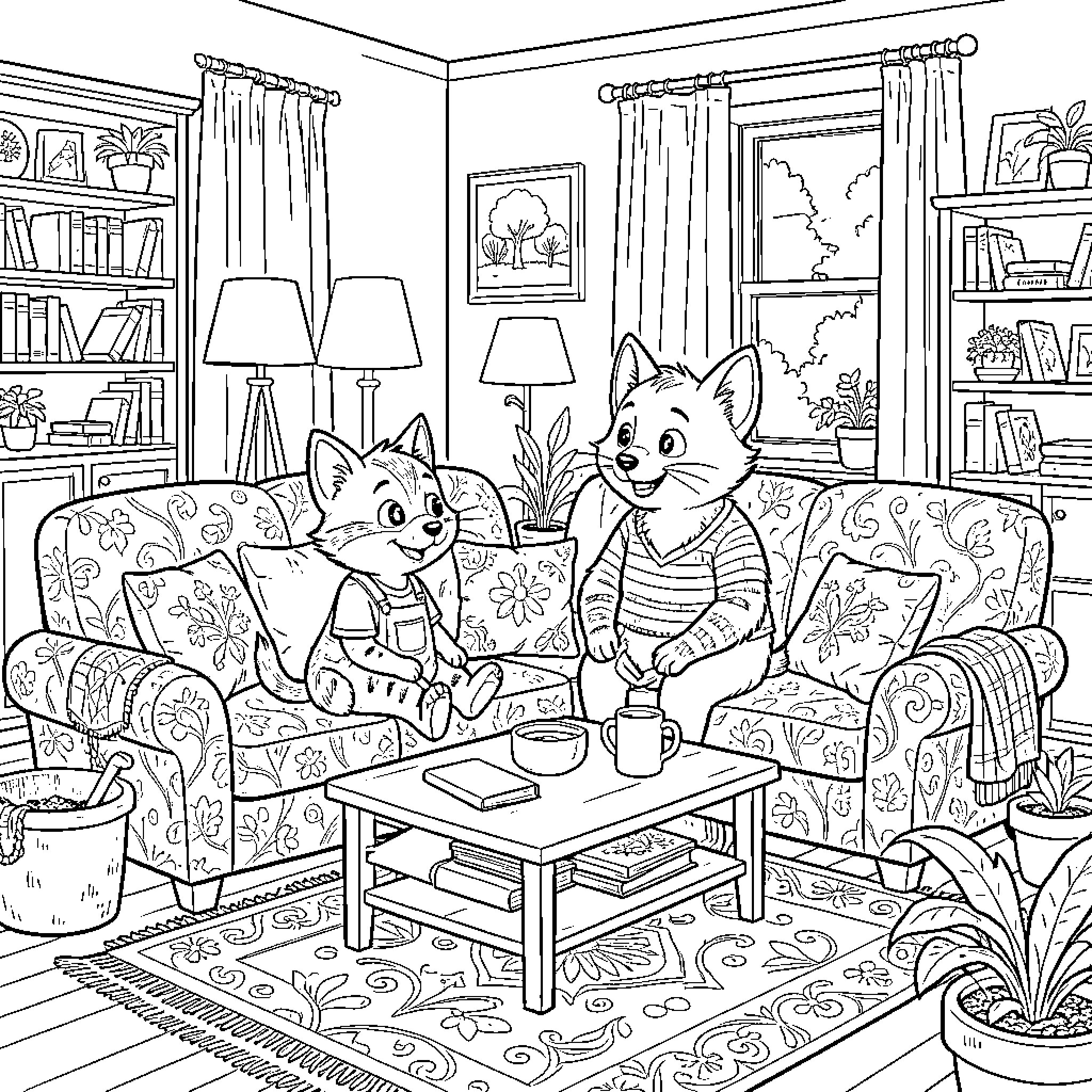 Titi animals relaxing on a sofa in a living room Coloring Page (free black-and-white line drawing printable PDF for all, from beginners to advanced learners, including children, teens, adults, and seniors)