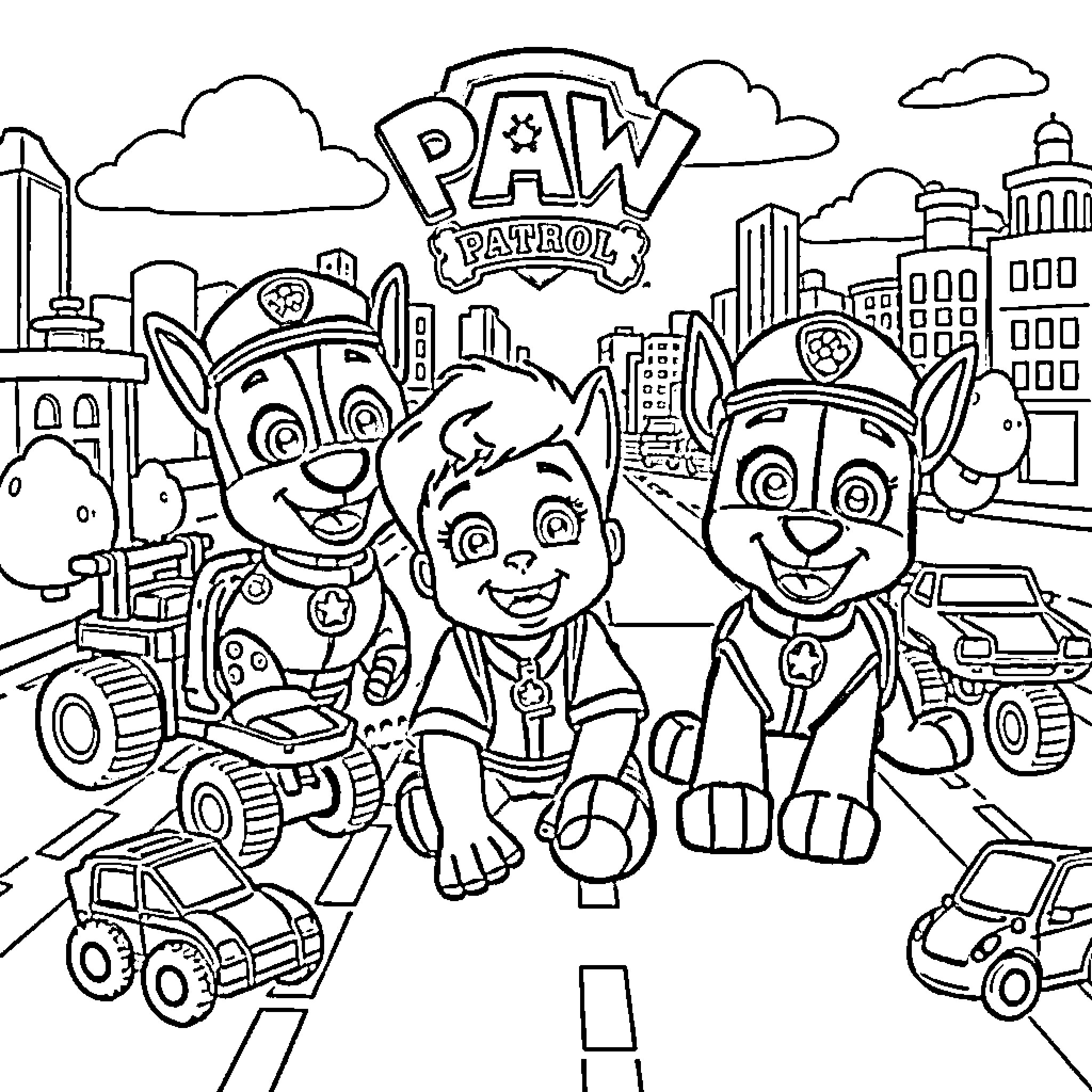 Paw Patrol officers in an urban setting Coloring Page (free black-and-white line drawing printable PDF for all, from beginners to advanced learners, including children, teens, adults, and seniors)