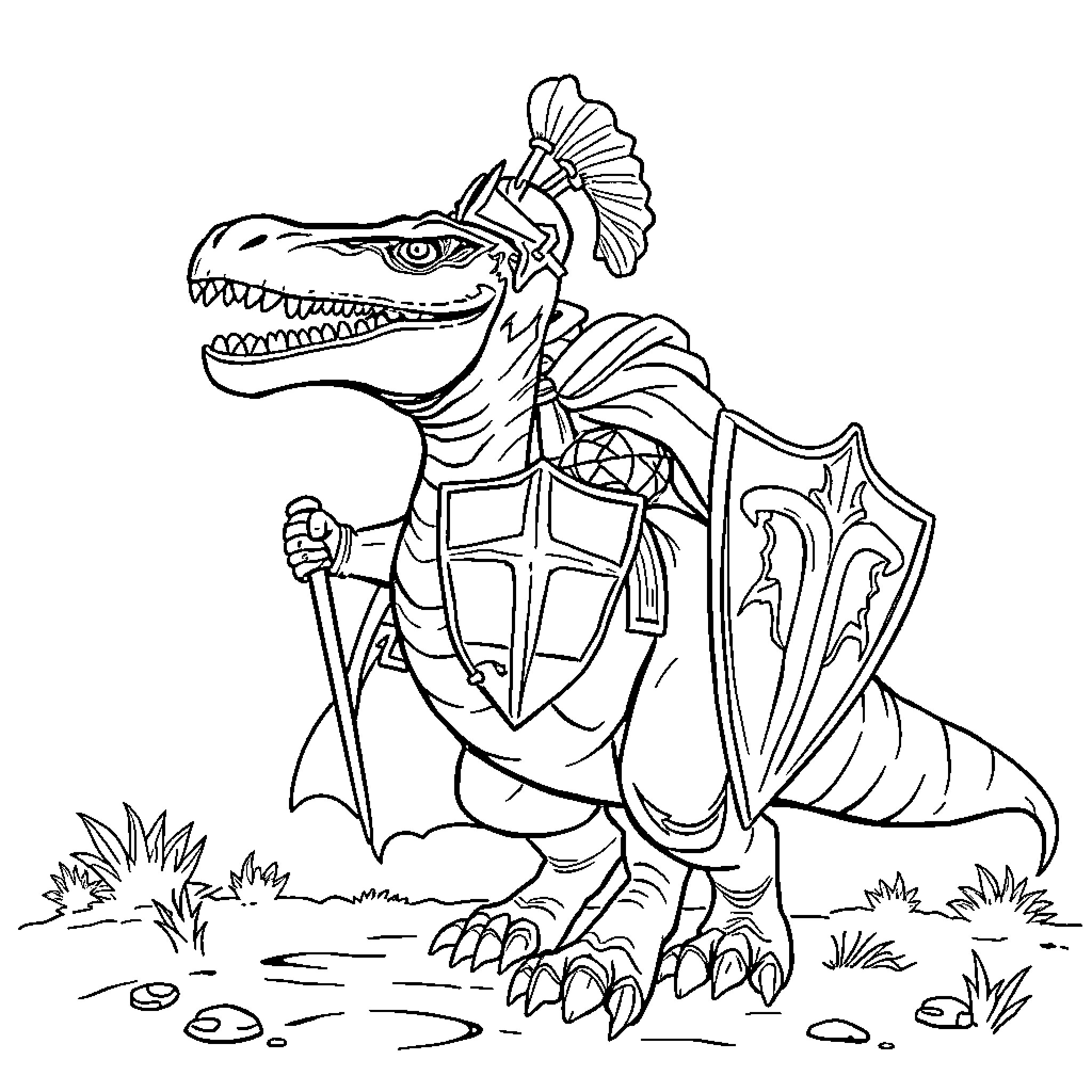 Dinosaur knight wielding sword and shield Coloring Page (free black-and-white line drawing printable PDF for all, from beginners to advanced learners, including children, teens, adults, and seniors)