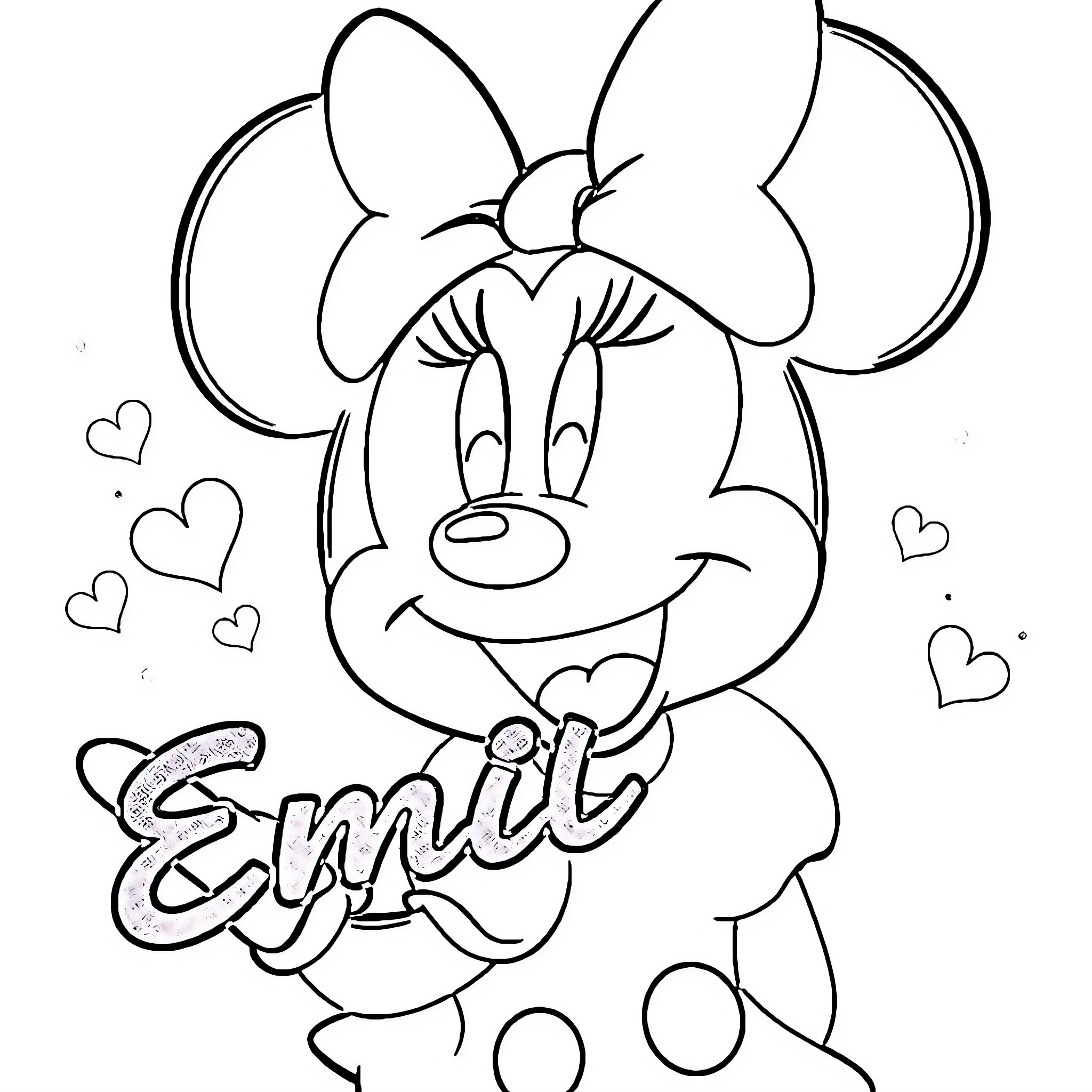 Minnie Mouse drawing with hearts and name Coloring Page (free black-and-white line drawing printable PDF for all, from beginners to advanced learners, including children, teens, adults, and seniors)