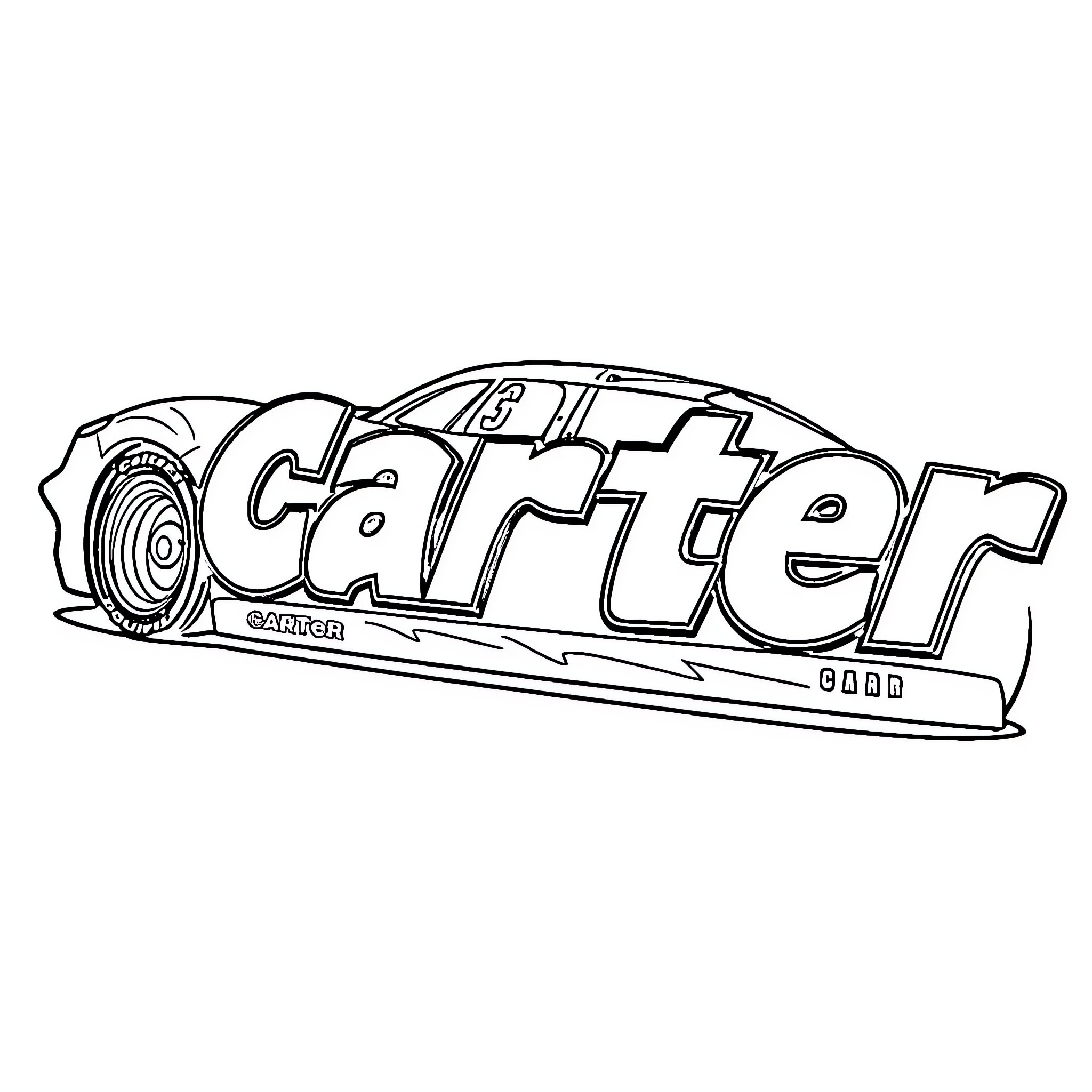 Racecar with Carter logo Coloring Page (free black-and-white line drawing printable PDF for all, from beginners to advanced learners, including children, teens, adults, and seniors)