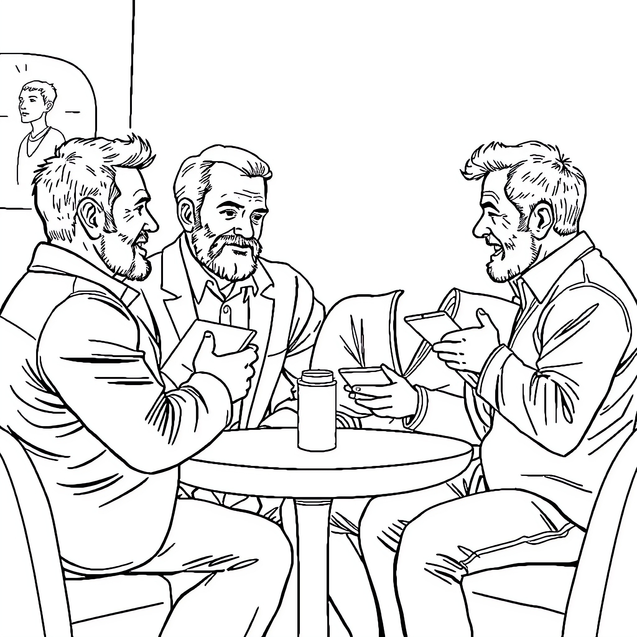 Married Man Enjoying Conversation with Friends at Cafe Coloring Page (free black-and-white line drawing printable PDF for all, from beginners to advanced learners, including children, teens, adults, and seniors)