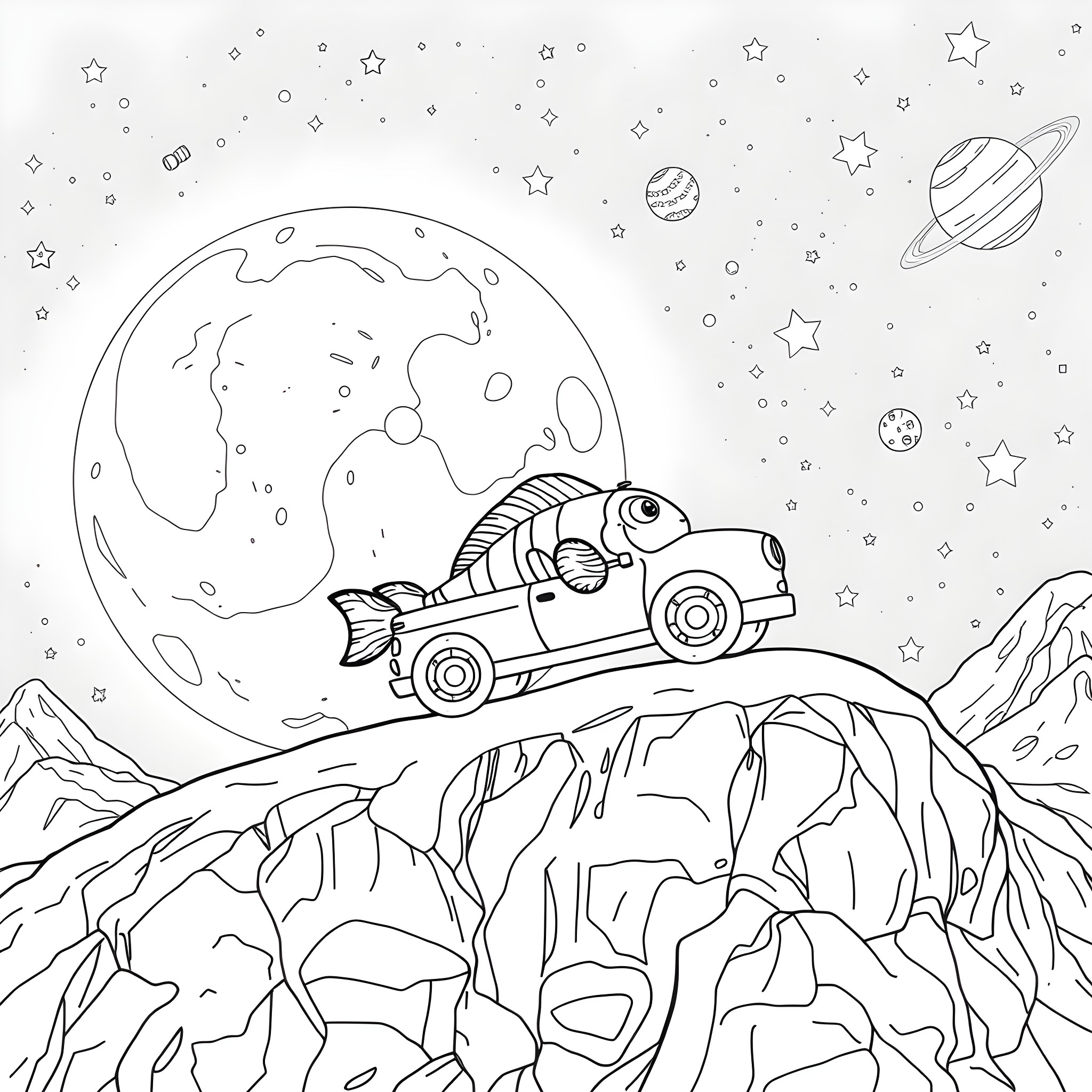 Clownfish driving a car on an alien planet Coloring Page (free black-and-white line drawing printable PDF for all, from beginners to advanced learners, including children, teens, adults, and seniors)