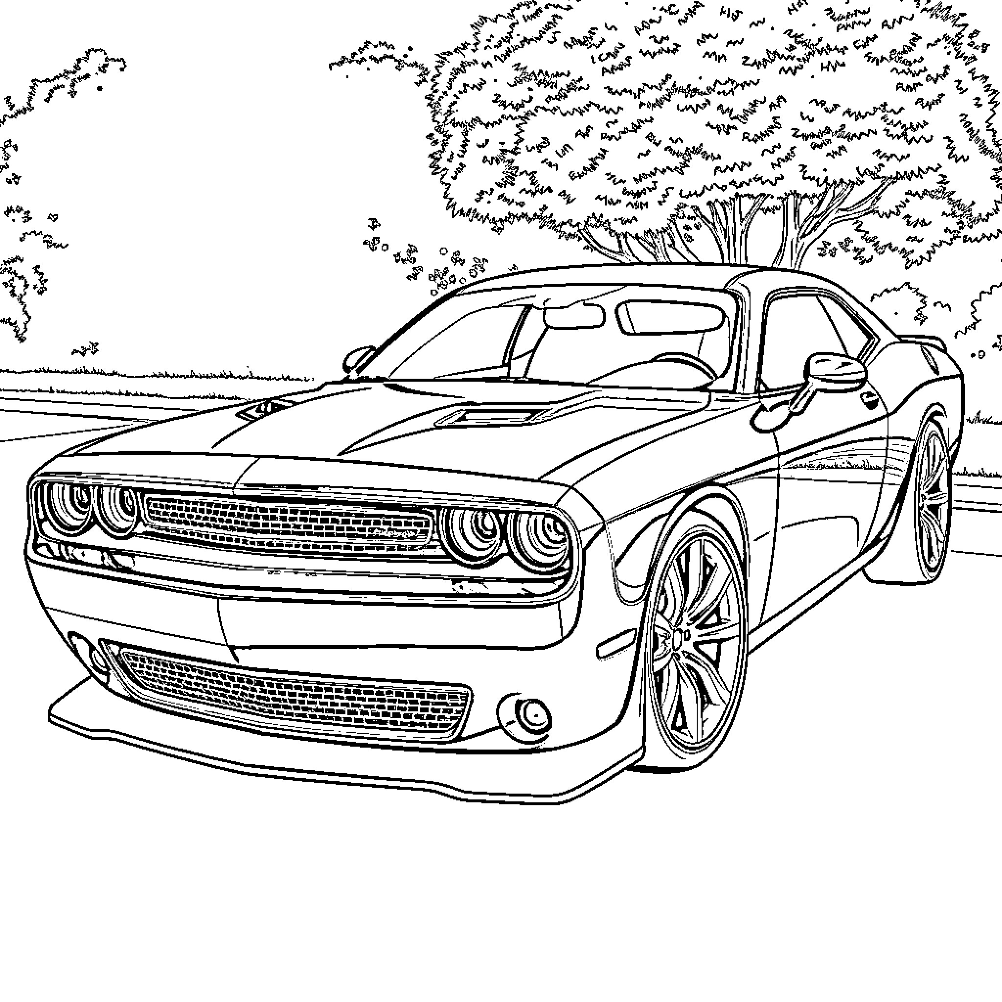 Dodge Challenger parked in natural landscape Coloring Page (free black-and-white line drawing printable PDF for all, from beginners to advanced learners, including children, teens, adults, and seniors)