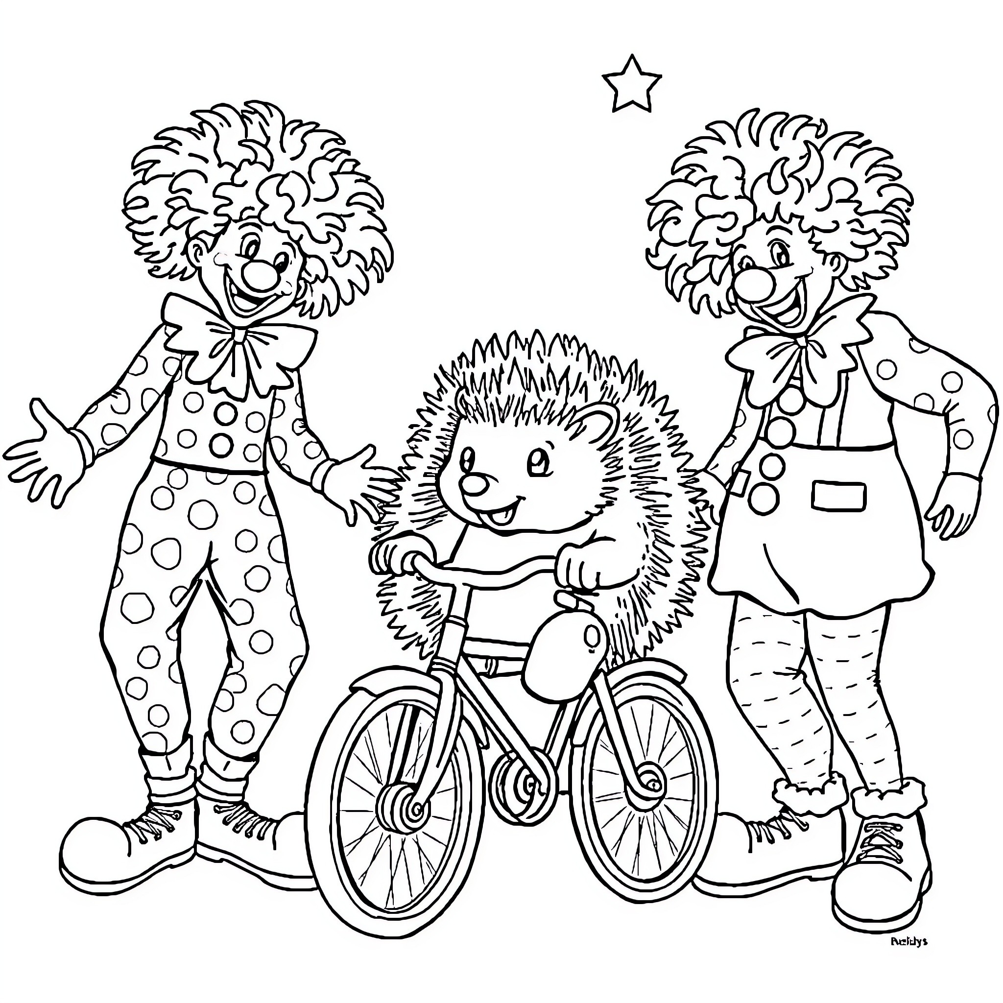 Hedgehog friends on bicycles and in costumes Coloring Page (free black-and-white line drawing printable PDF for all, from beginners to advanced learners, including children, teens, adults, and seniors)
