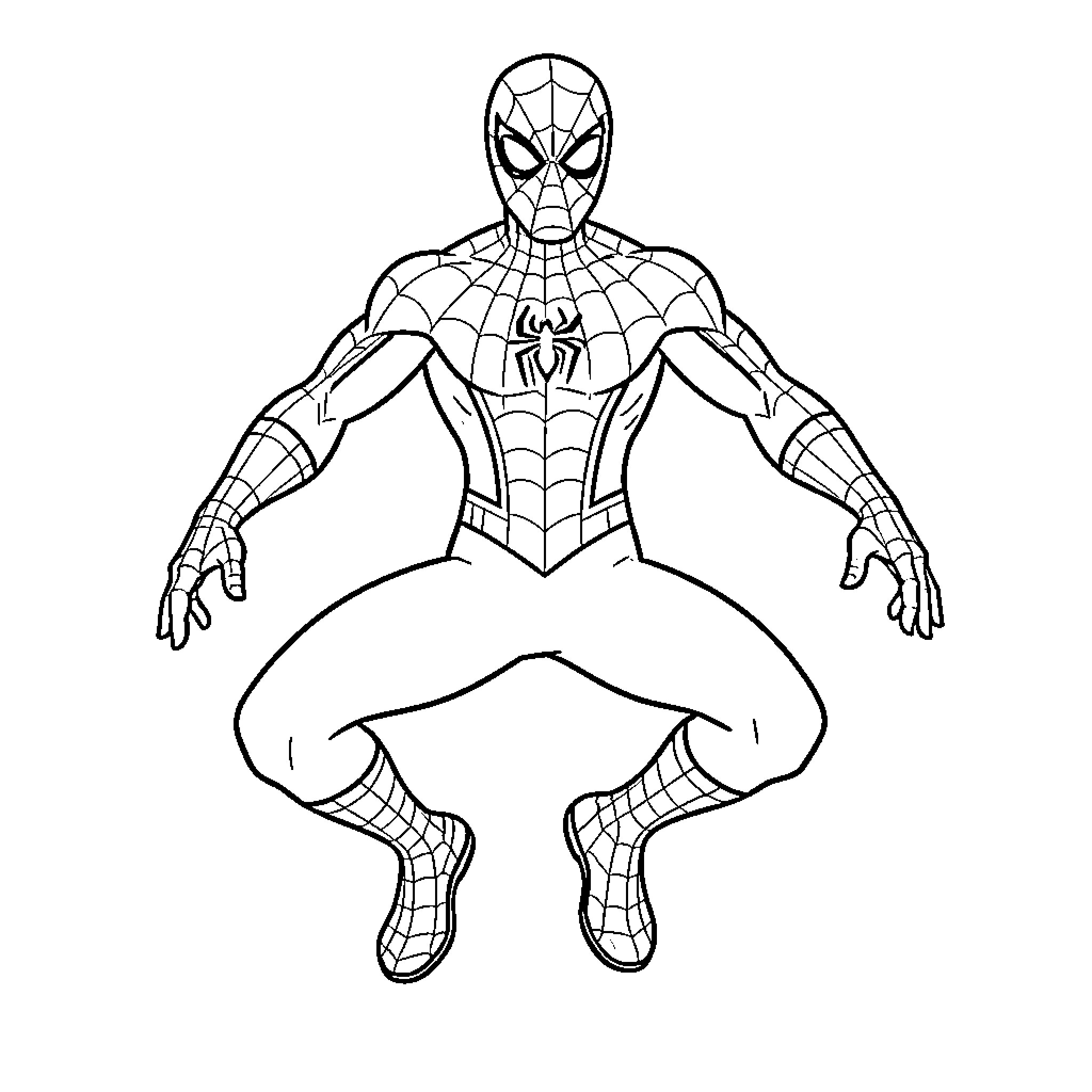 Spider-Man in a dynamic crouching superhero pose Coloring Page (free black-and-white line drawing printable PDF for all, from beginners to advanced learners, including children, teens, adults, and seniors)