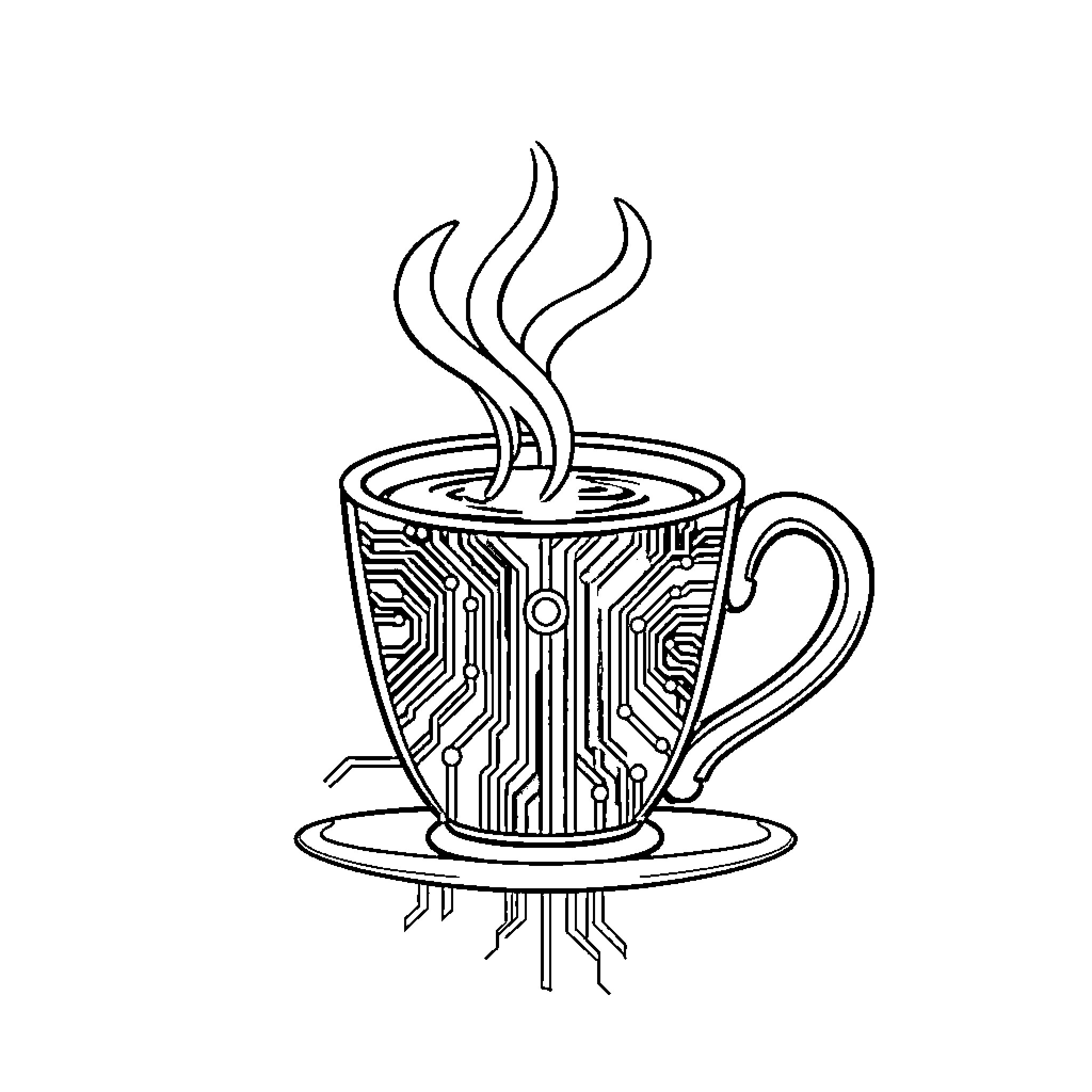 Coffee with Technological Flair Coloring Page (free black-and-white line drawing printable PDF for all, from beginners to advanced learners, including children, teens, adults, and seniors)