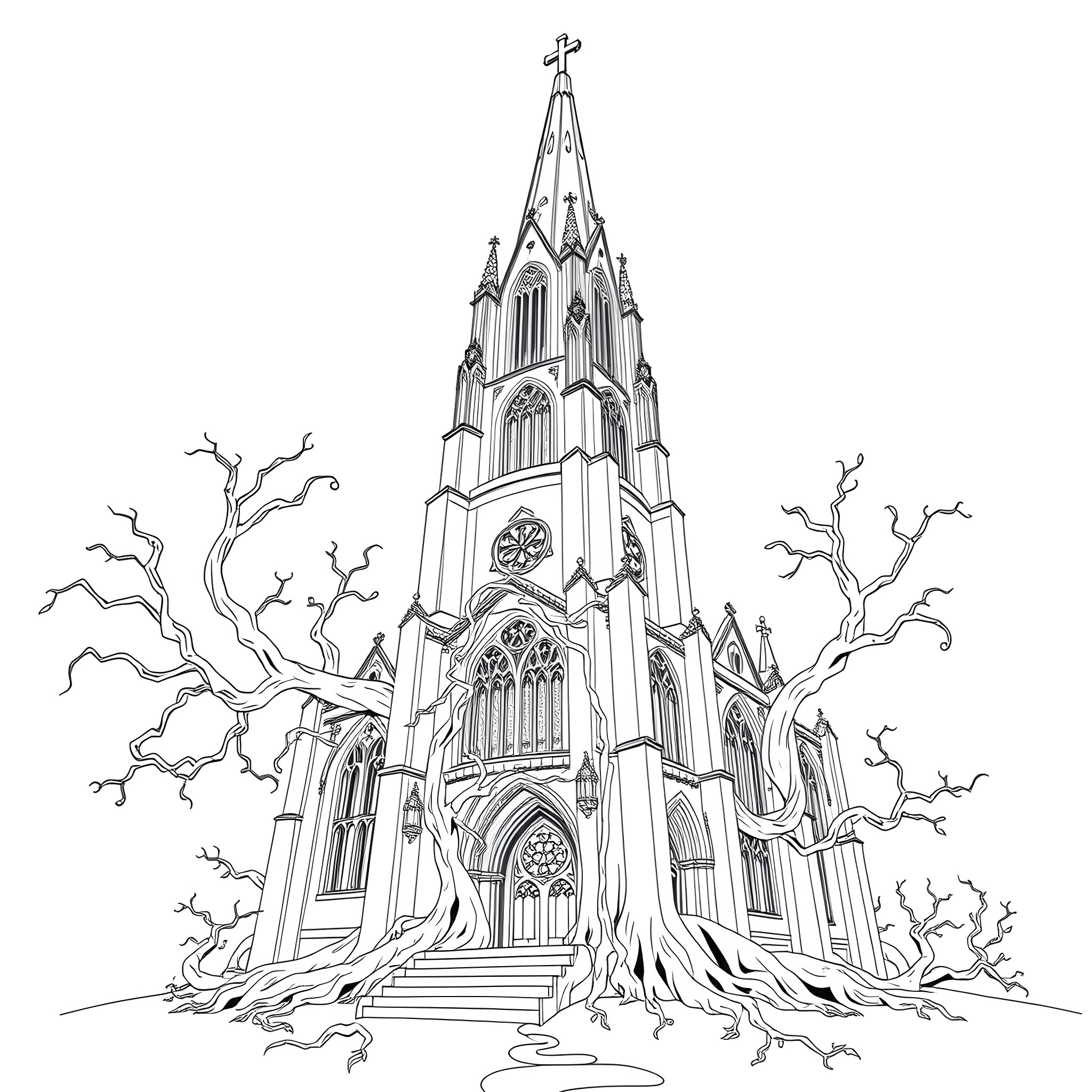 Church with Gothic architecture and intricate details Coloring Page (free black-and-white line drawing printable PDF for all, from beginners to advanced learners, including children, teens, adults, and seniors)